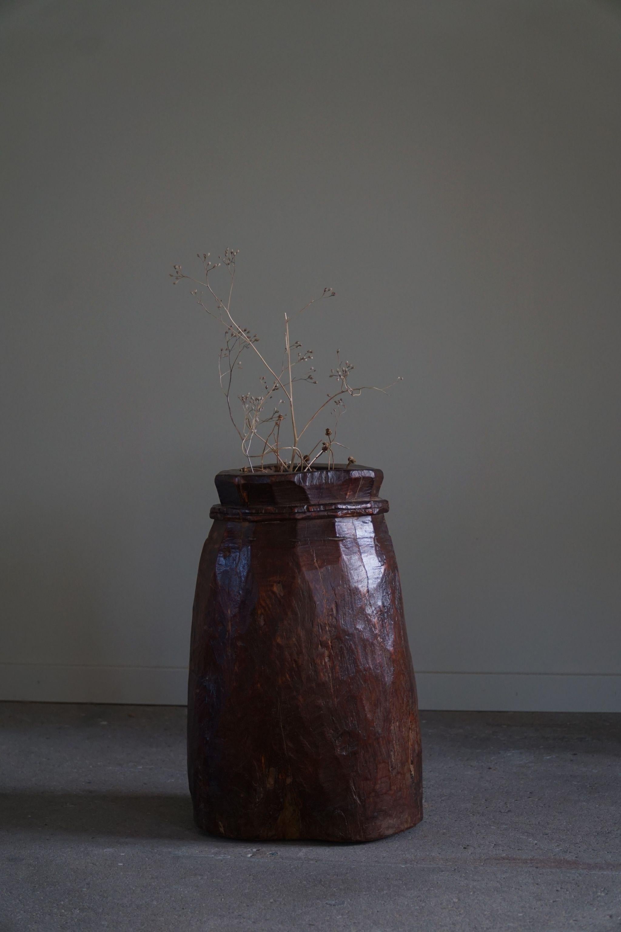 Primitive Organic Wooden Naga Pot in Teak, Wabi Sabi Style, 20th Century 3