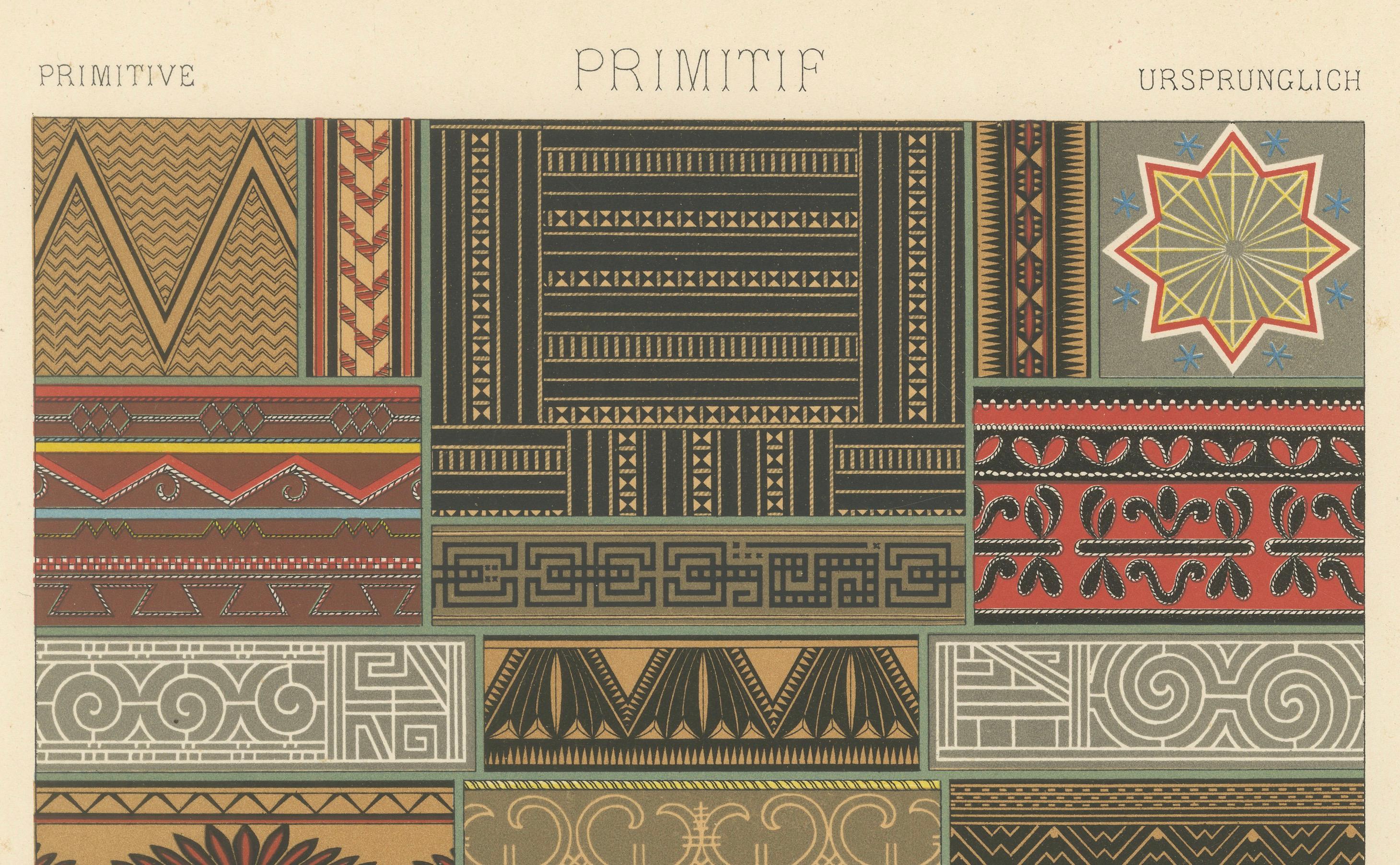 Primitiver Ornamentteller - Buntes ethnographisches Design Lithographie, ca.1869 (Papier) im Angebot