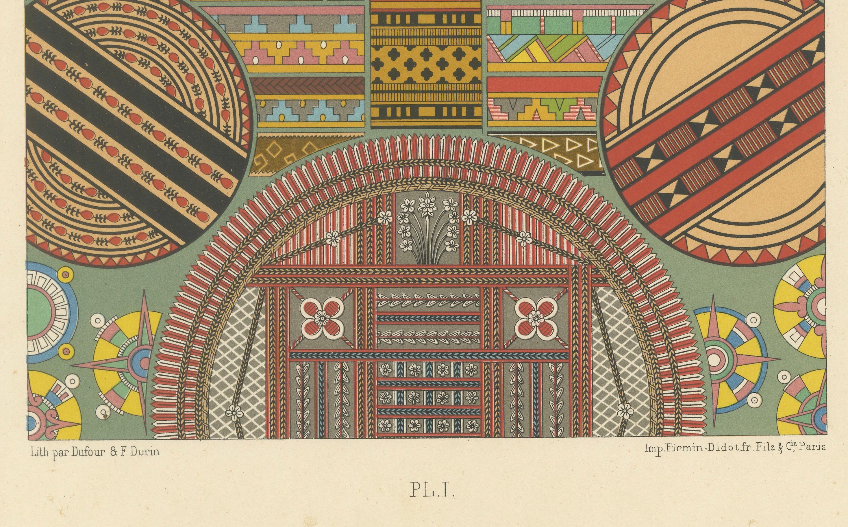 Primitiver Ornamentteller - Buntes ethnographisches Design Lithographie, ca.1869 im Angebot 1
