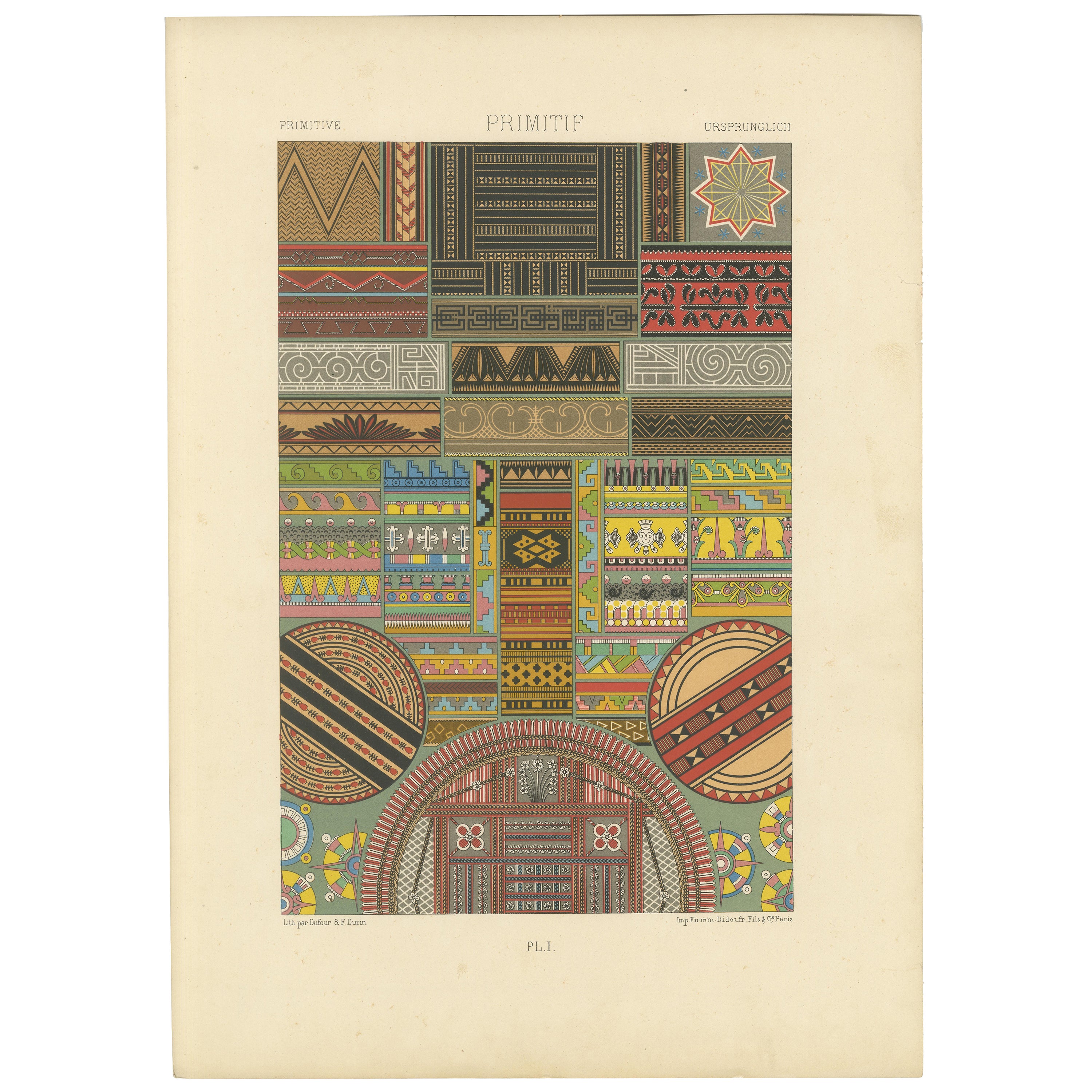 Primitiver Ornamentteller - Buntes ethnographisches Design Lithographie, ca.1869