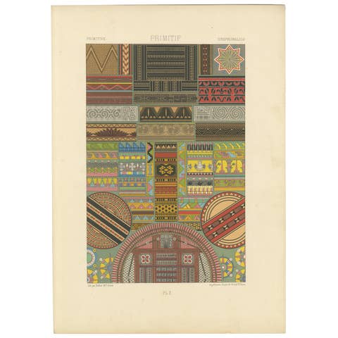 Primitive Ornament Plate – Colorful Ethnographic Design Lithograph, ca.1869