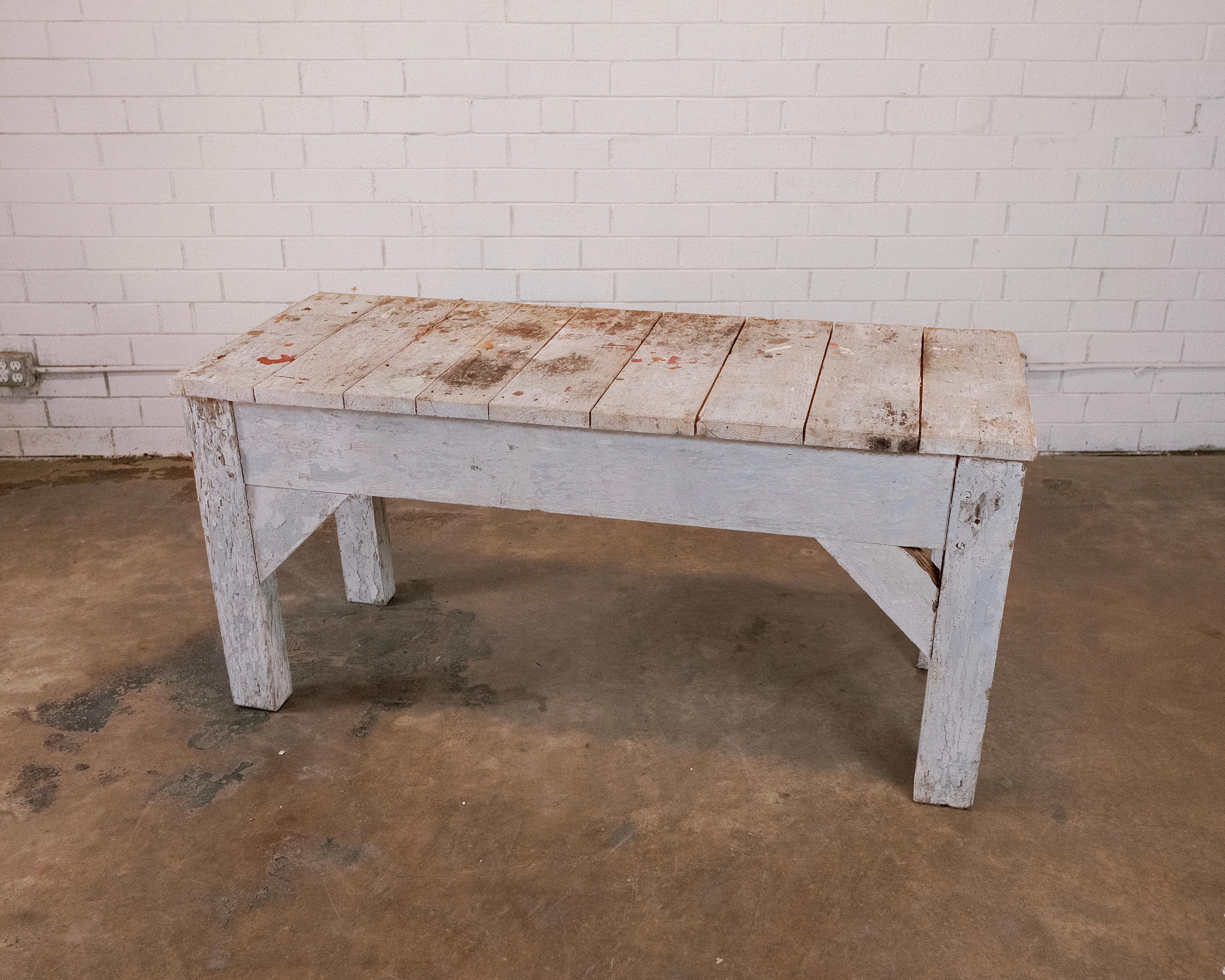 Wood Primitive Painted Blue Workshop Table For Sale