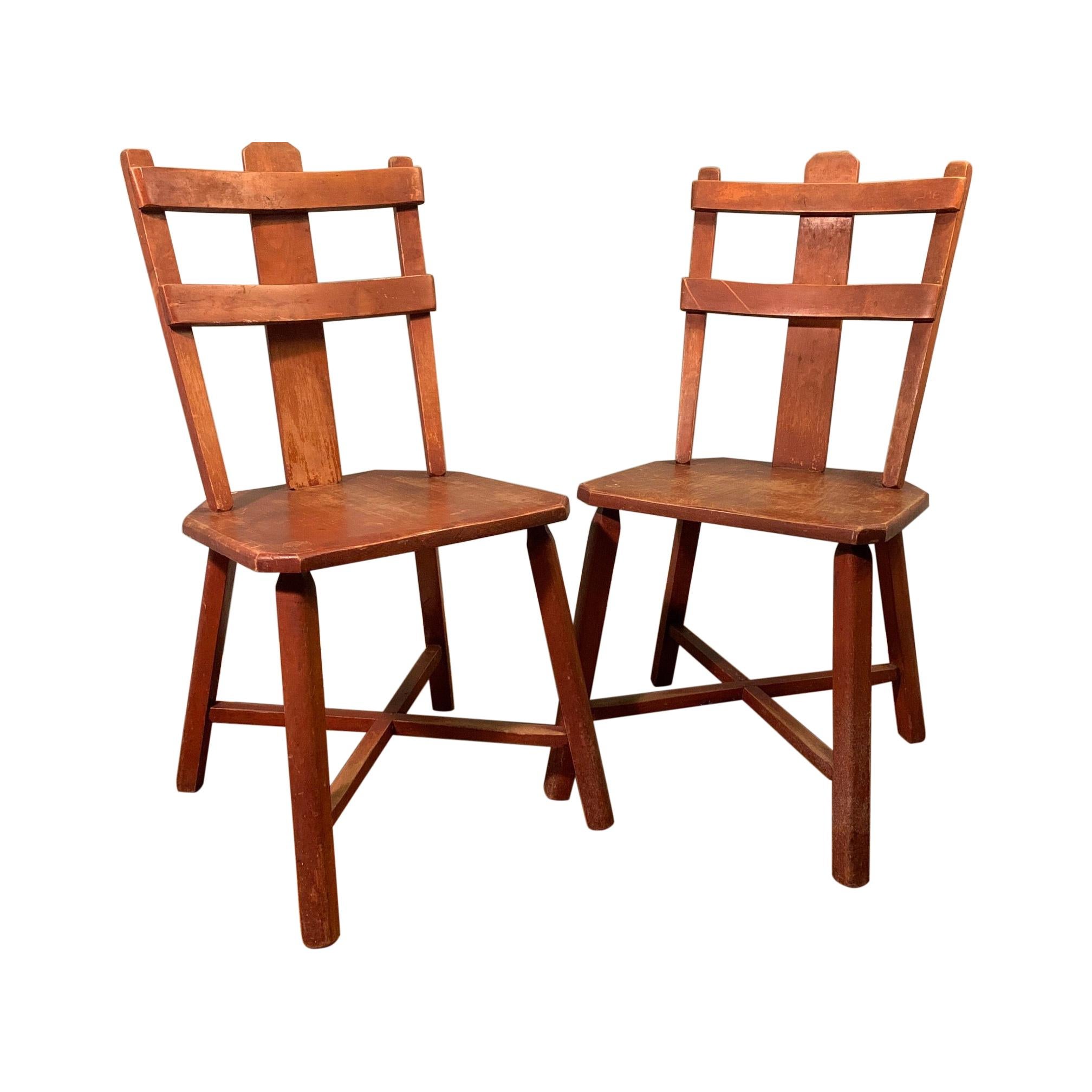 Primitive Pair of Cherrywood Side Chairs in the Manner of Jean Touret