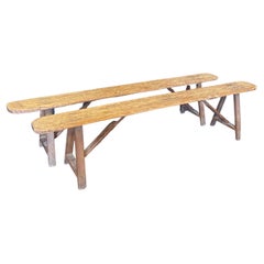 Primitive Pair of Early Country French Provincial Pine Hand Carved Benches