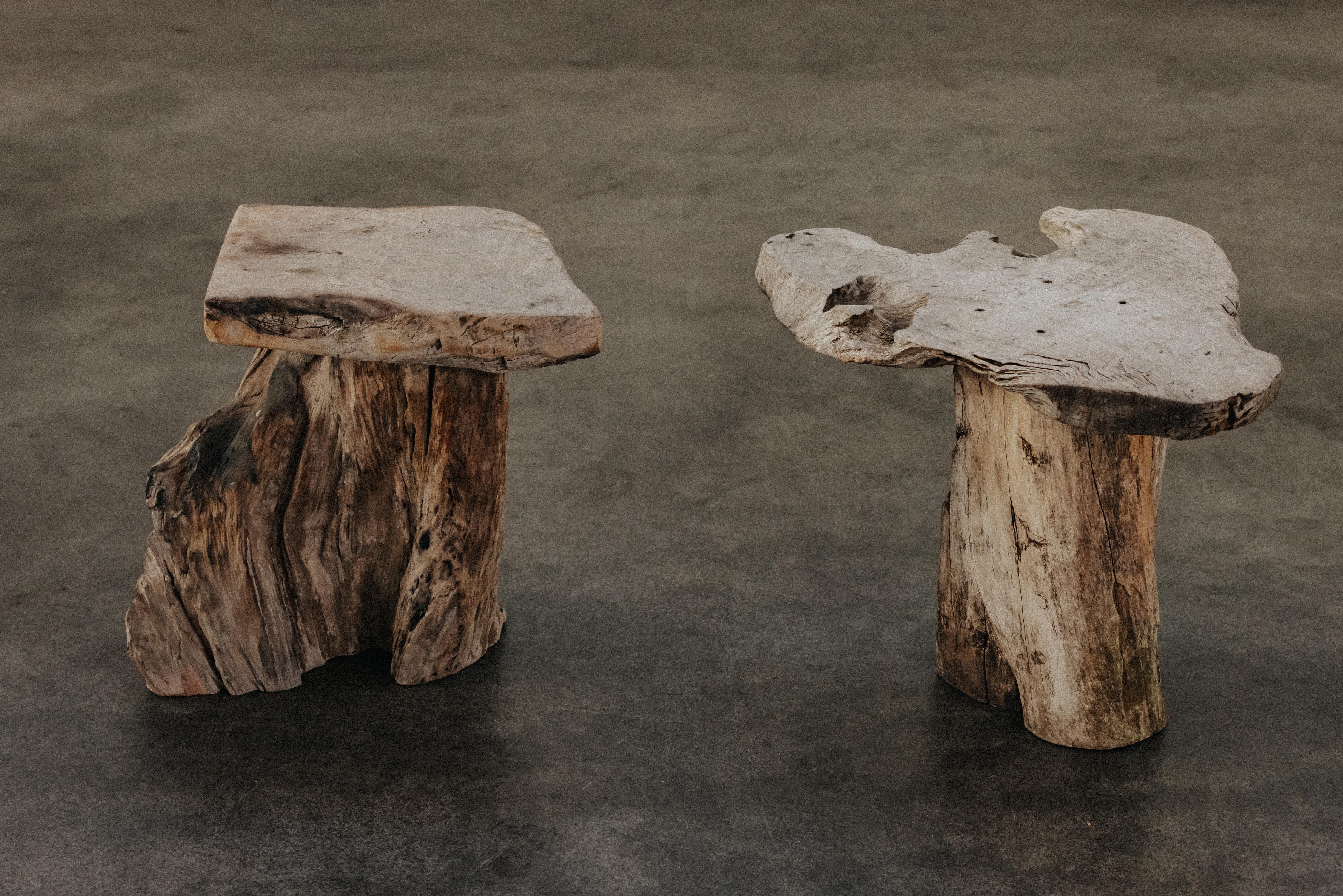 Primitive Pair Of Wood Side Tables From France, Circa 1950.  Solid leaf tree wood with live edge.  Great patina and wear.