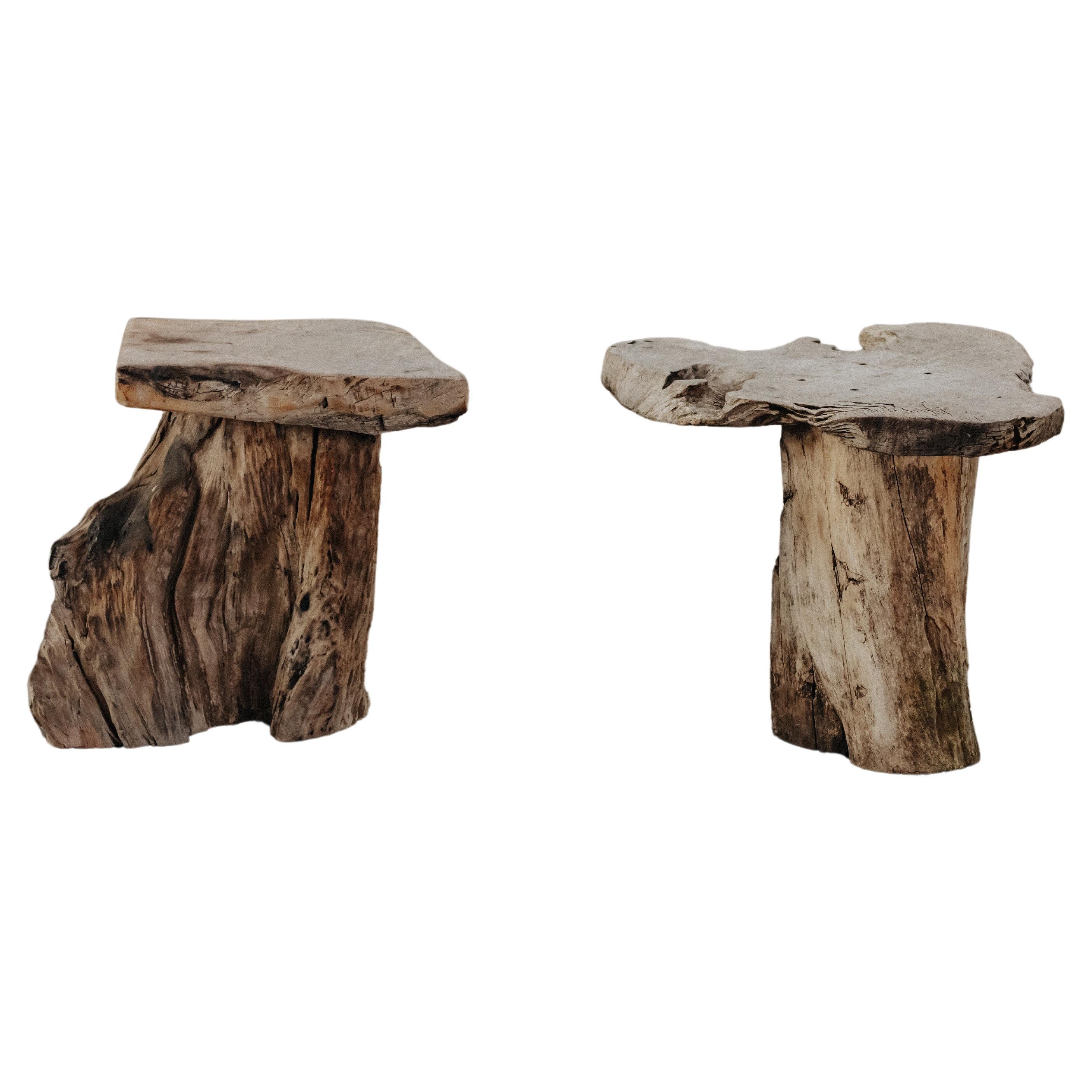 Primitive Pair Of Wood Side Tables From France, Circa 1950