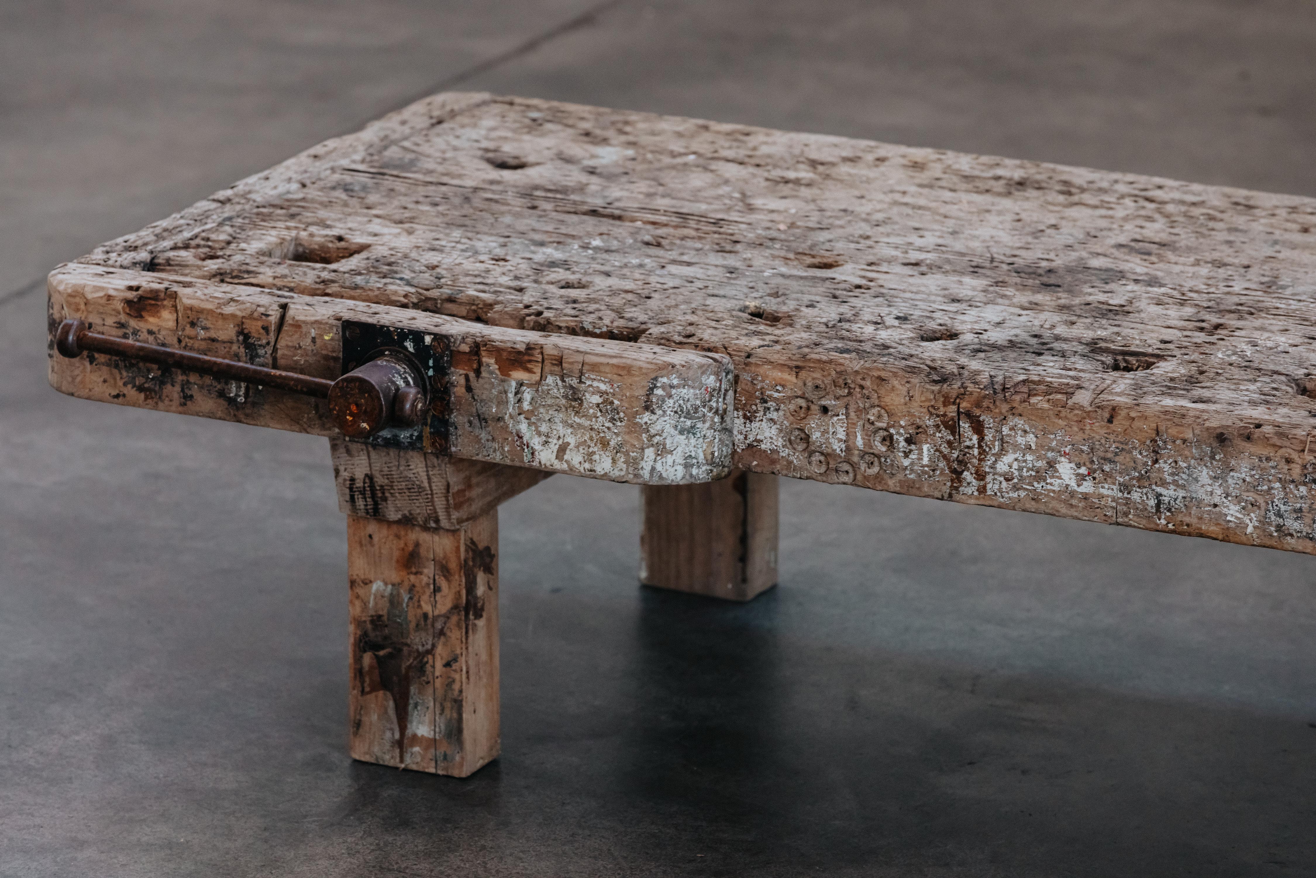 Primitive Pine Bench From France, Circa 1950.  Solid pine construction with superb patina and wear.