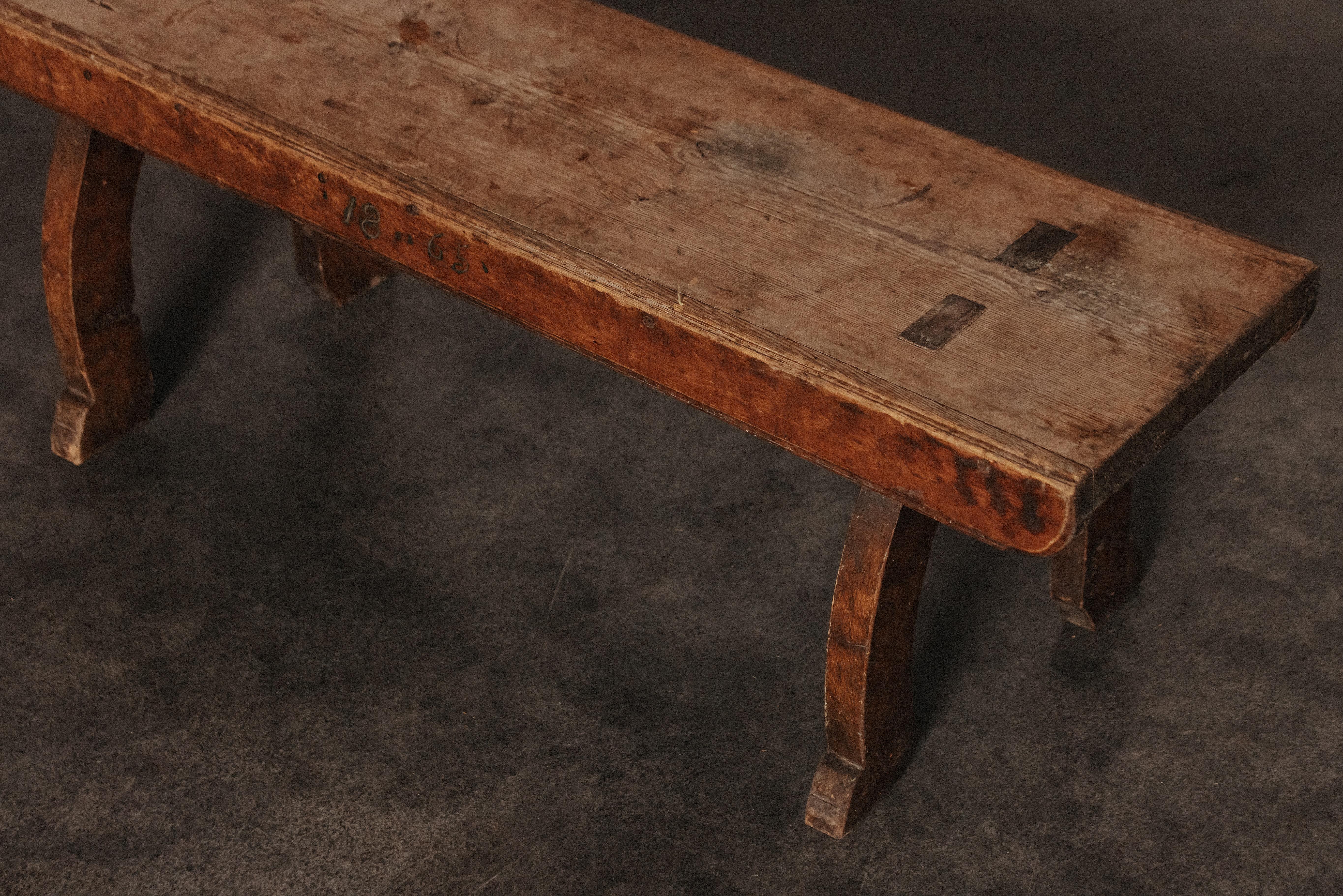 Primitive Pine Bench From Sweden, Circa 1850.  Solid pine construction with superb original patina and wear.