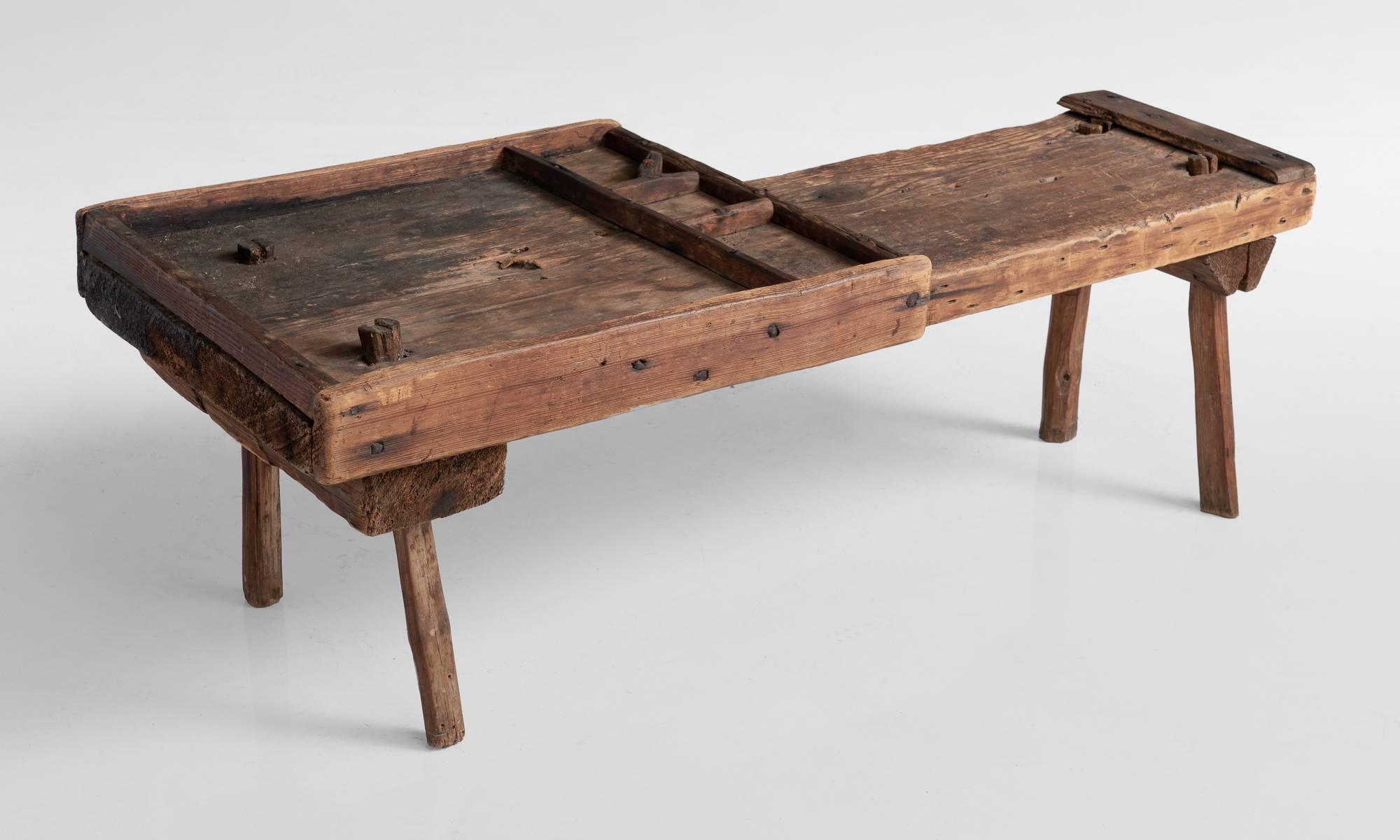 Primitive Cobbler's bench, England, circa 1790.

Well worn pine bench constructed by hand. Unique form.