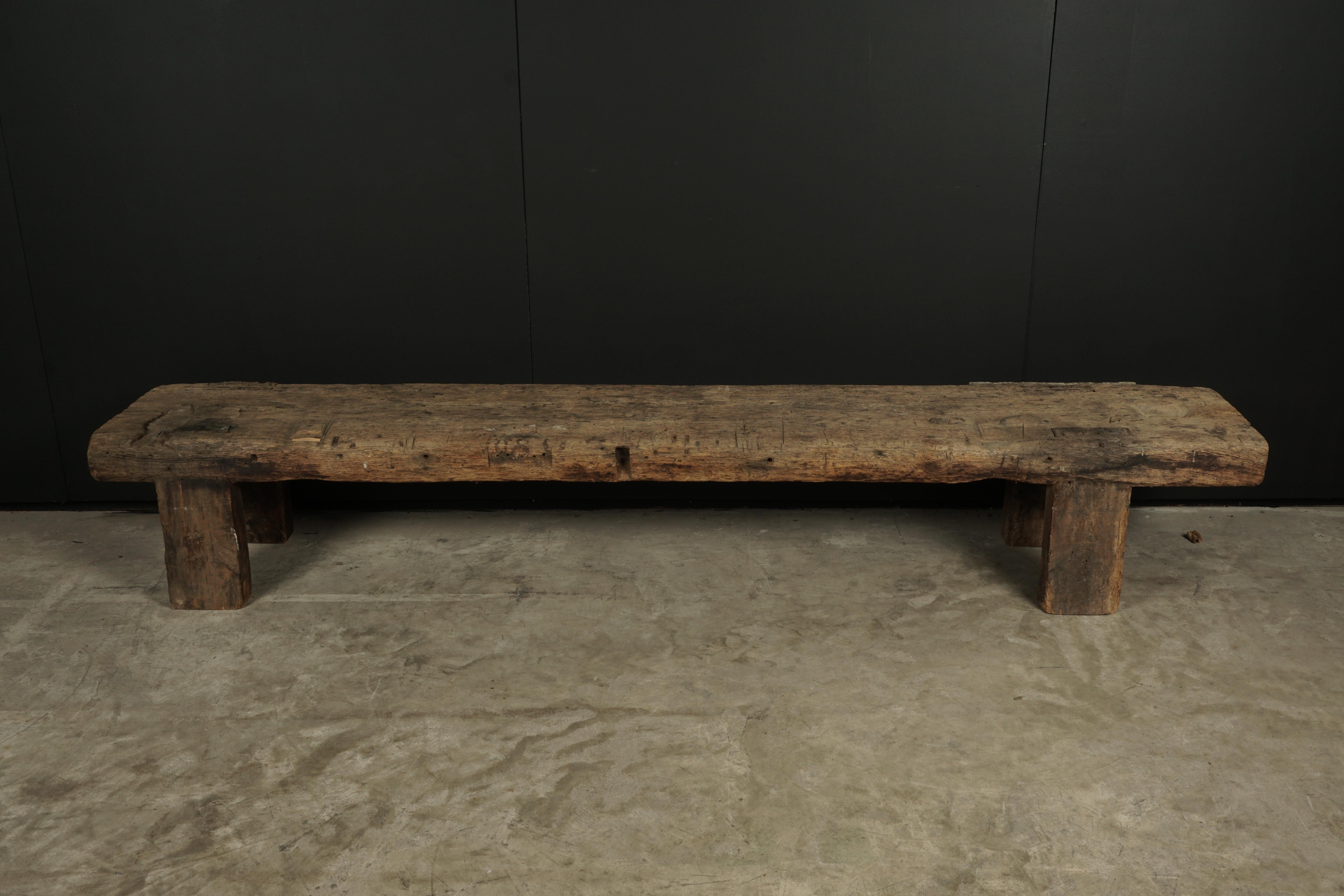 Primitive pine coffee table from France, circa 1920. Heavy solid pine construction with very great wear and patina.