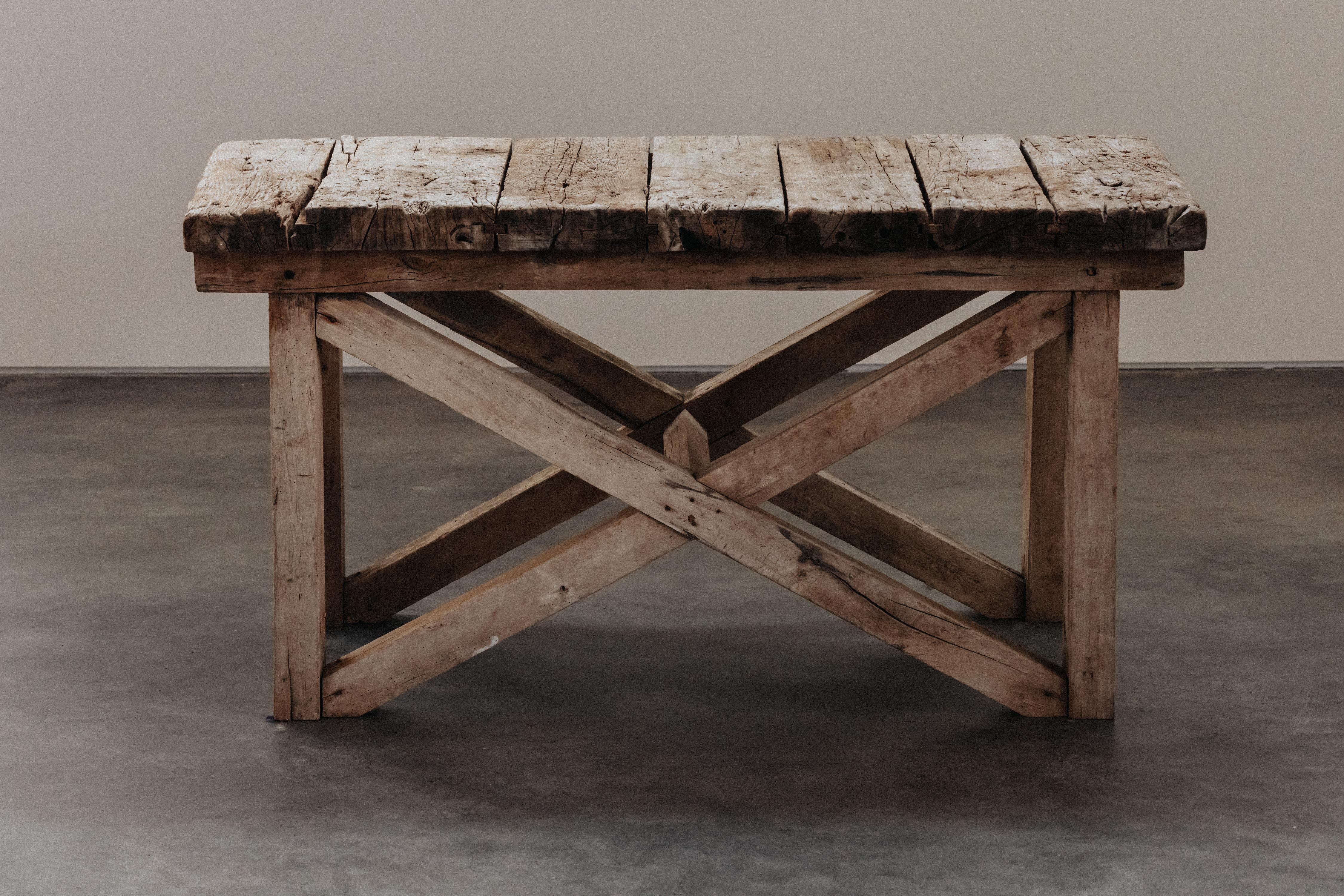 Primitive Pine Console Table From France, Circa 1960.  Solid weathered pine construction with nice wear and use.