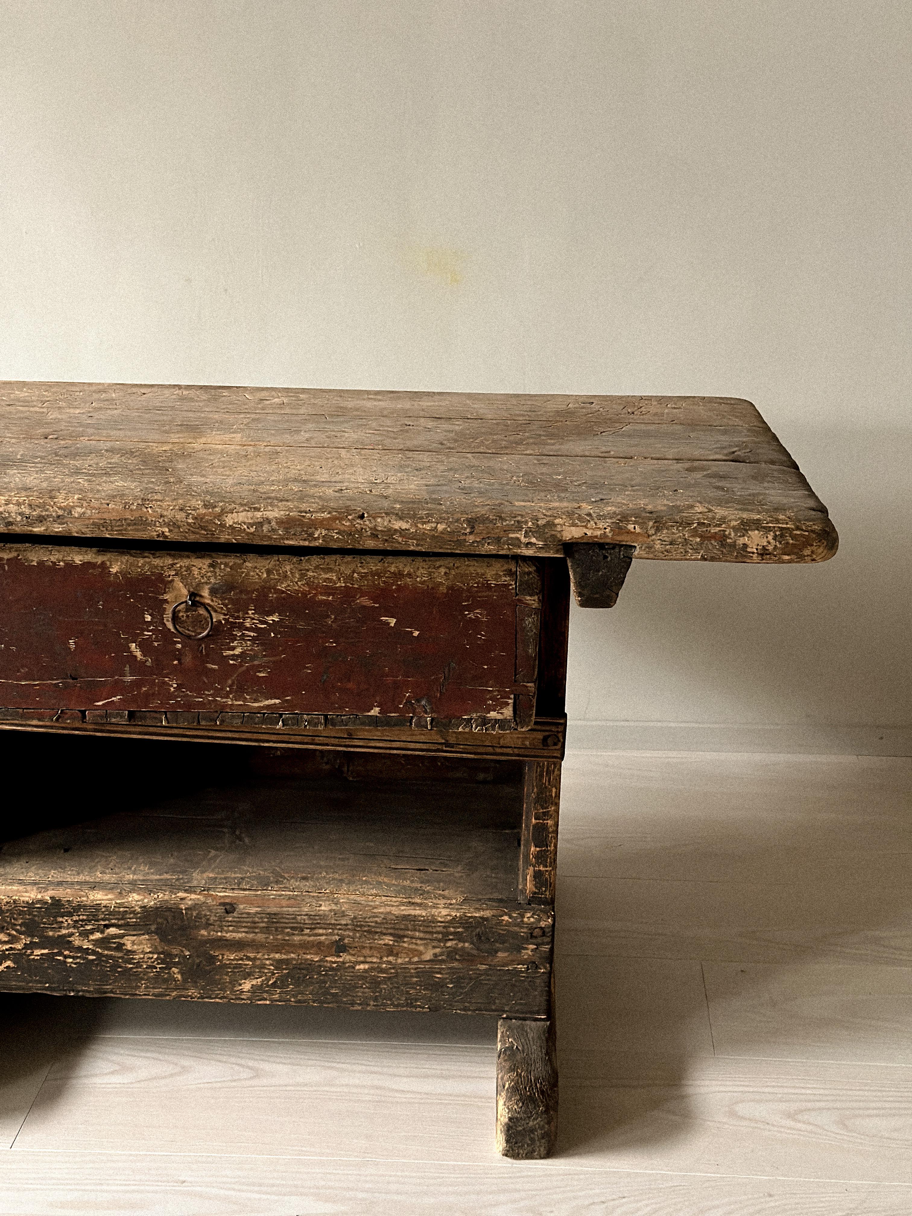 Primitive Pine Console Table with Drawer, Scandinavian Wabi Sabi, c. 1800s For Sale 6