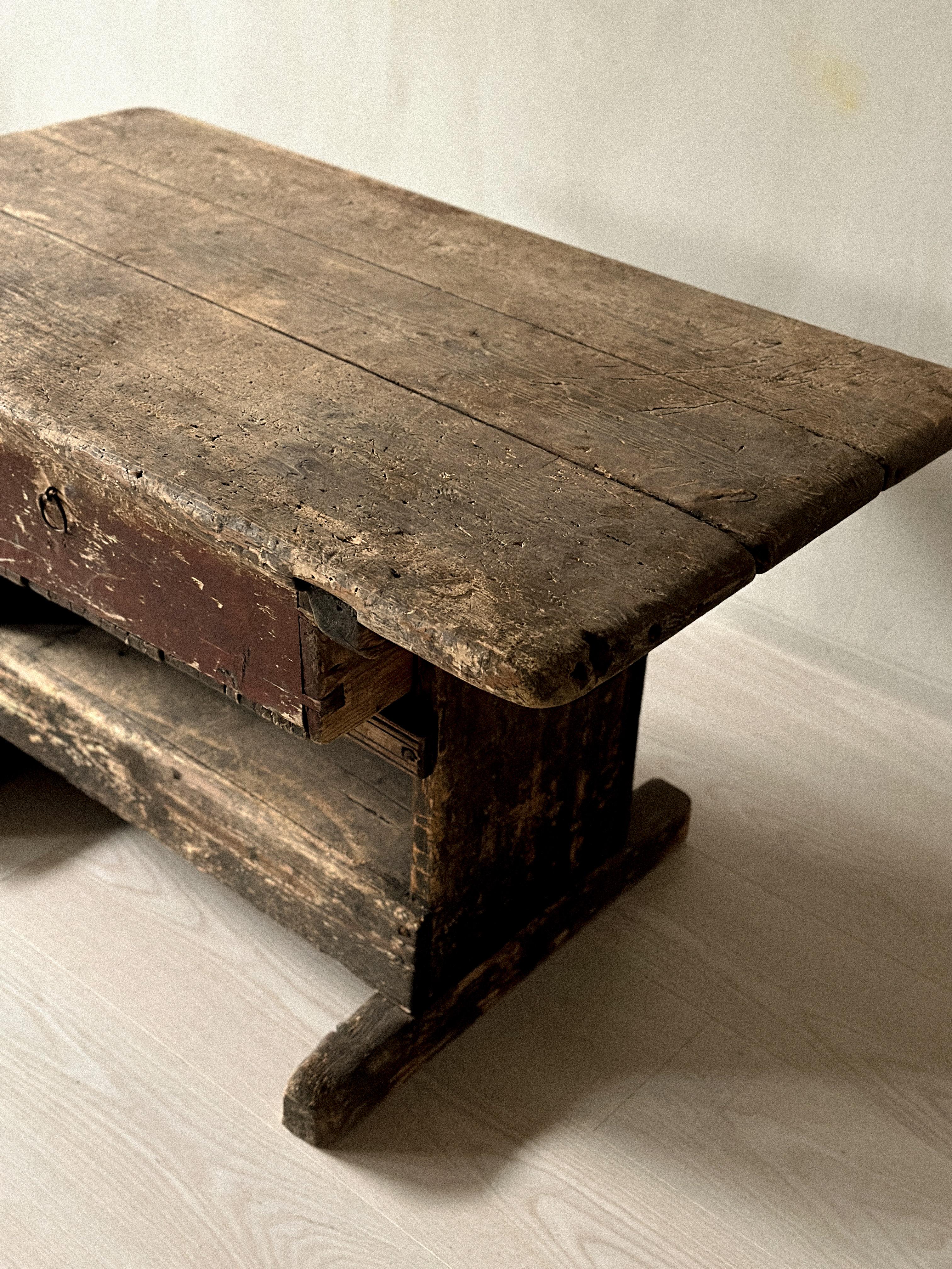 Primitive Pine Console Table with Drawer, Scandinavian Wabi Sabi, c. 1800s For Sale 8