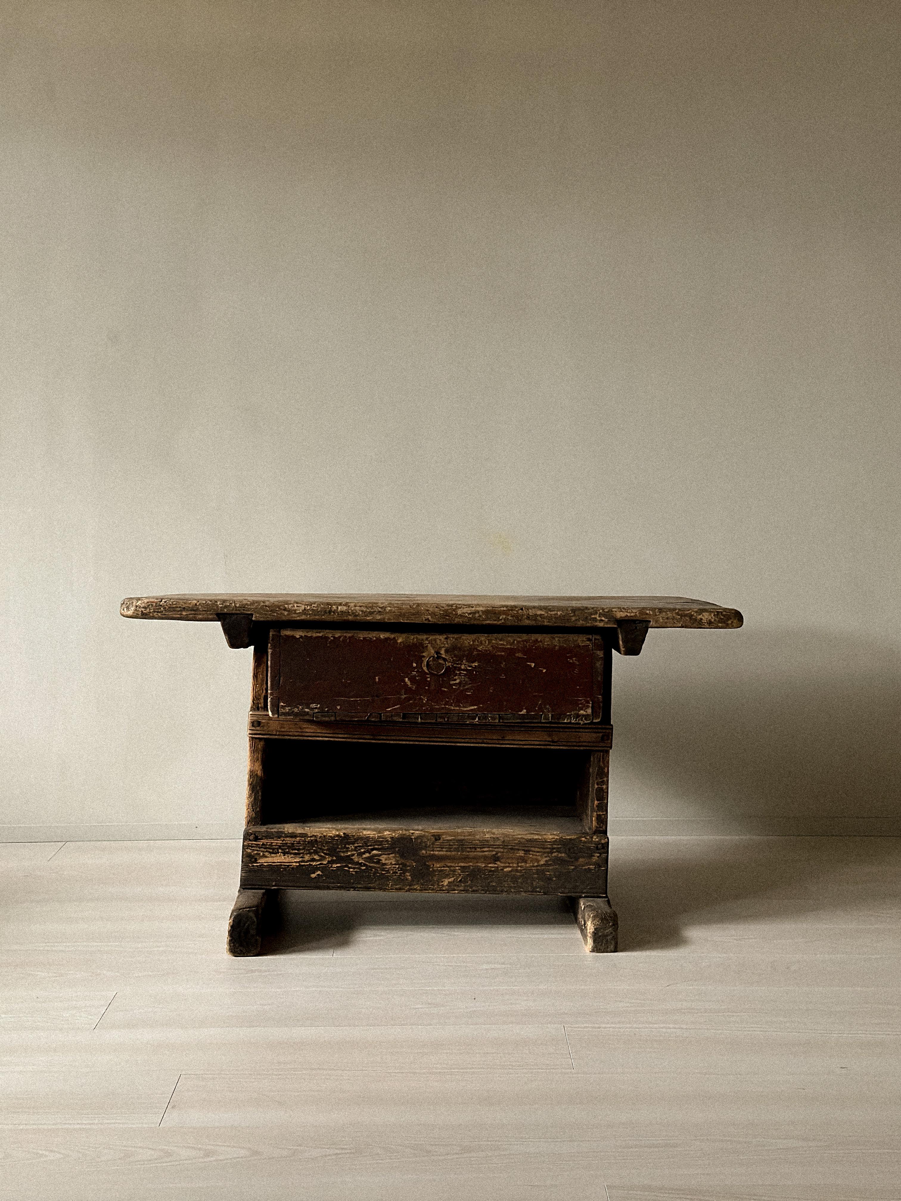 Norwegian Primitive Pine Console Table with Drawer, Scandinavian Wabi Sabi, c. 1800s For Sale