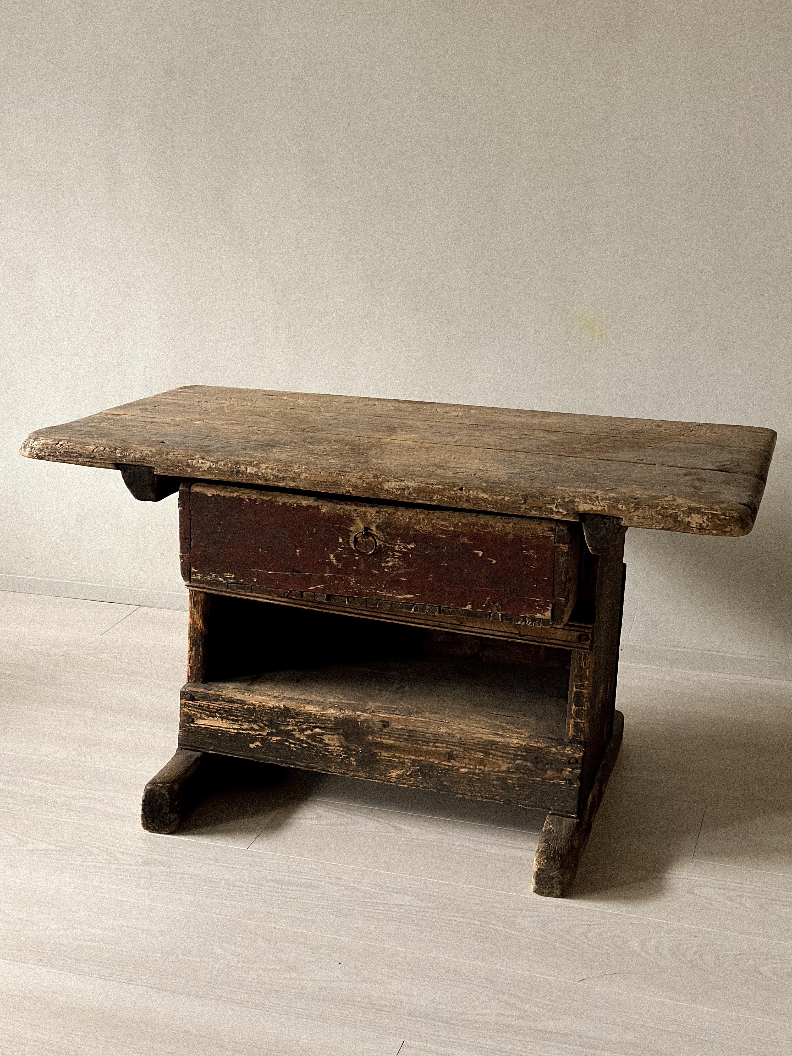 Hand-Crafted Primitive Pine Console Table with Drawer, Scandinavian Wabi Sabi, c. 1800s For Sale