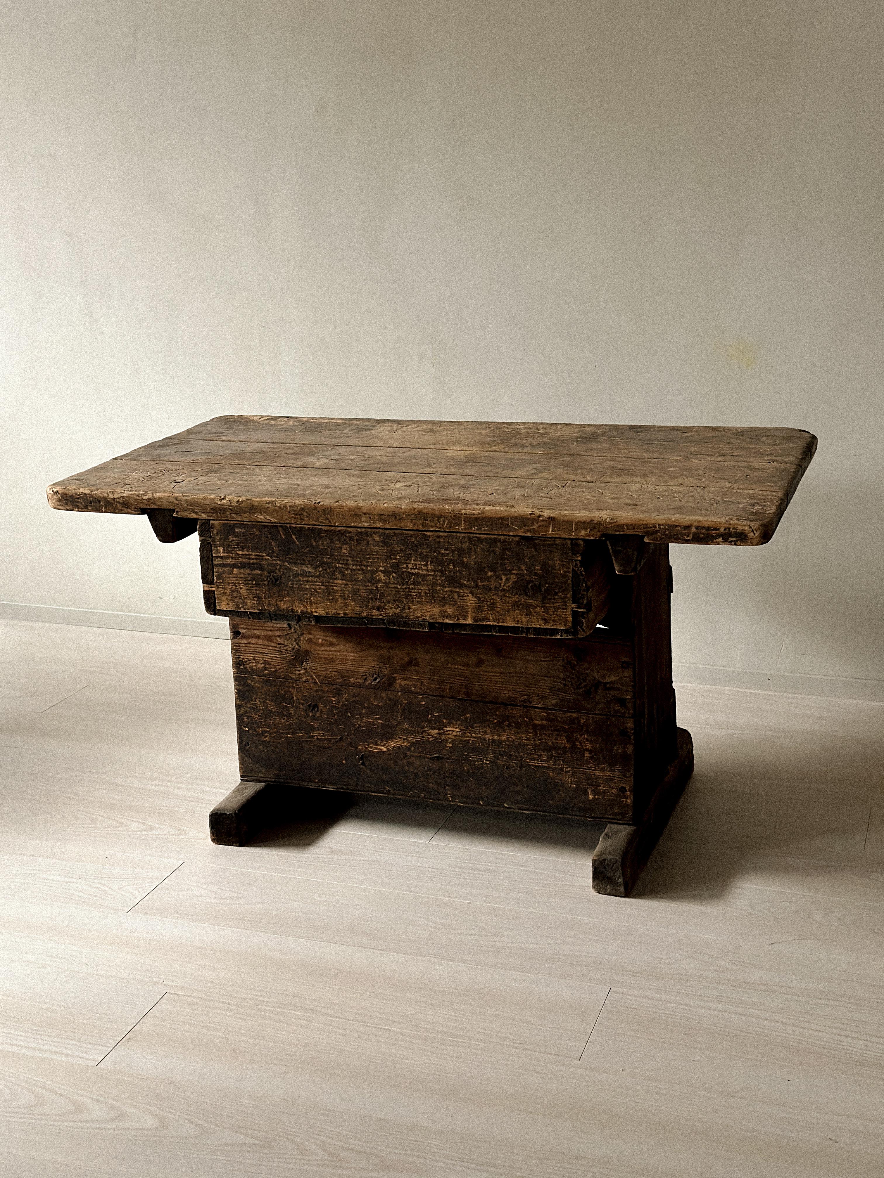 19th Century Primitive Pine Console Table with Drawer, Scandinavian Wabi Sabi, c. 1800s For Sale