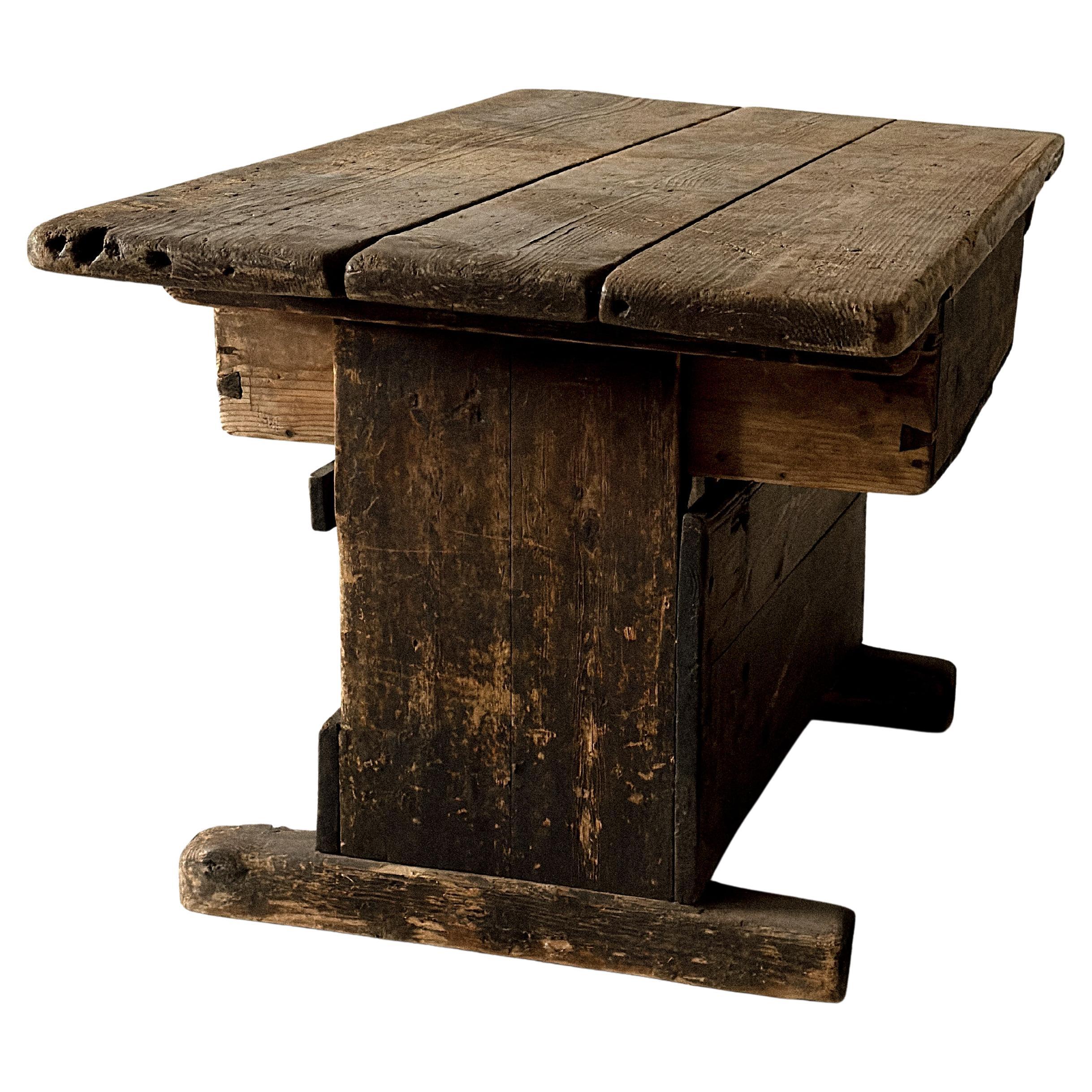 Primitive Pine Console Table with Drawer, Scandinavian Wabi Sabi, c. 1800s For Sale