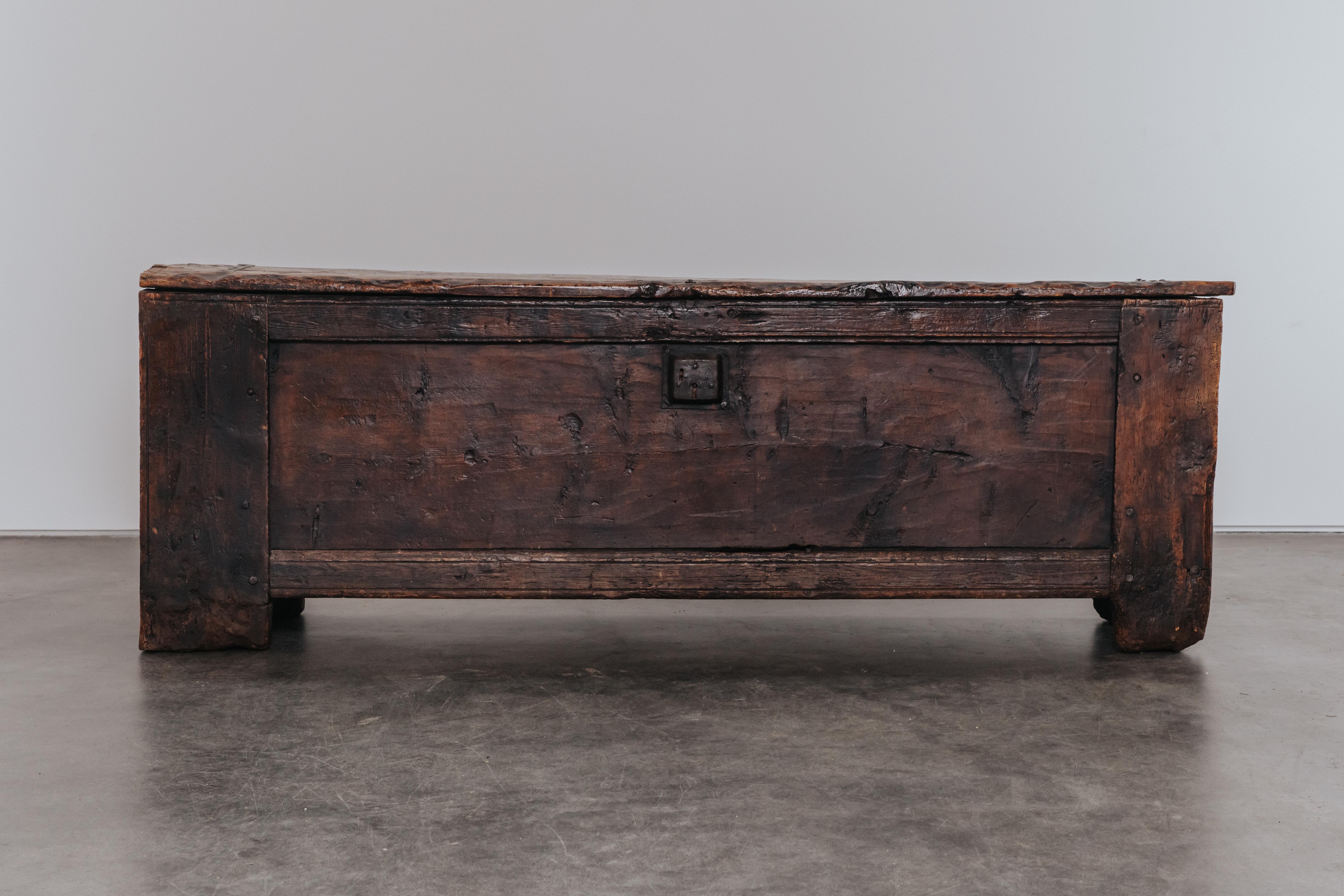 Primitive Pine Mountain Trunk From France, Circa 1700.  Solid pine construction with fantastic patina and use.  Original hardware.
