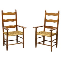 Primitive Pine & Twisted Rush Farmhouse Ladder Back Armchairs - Pair