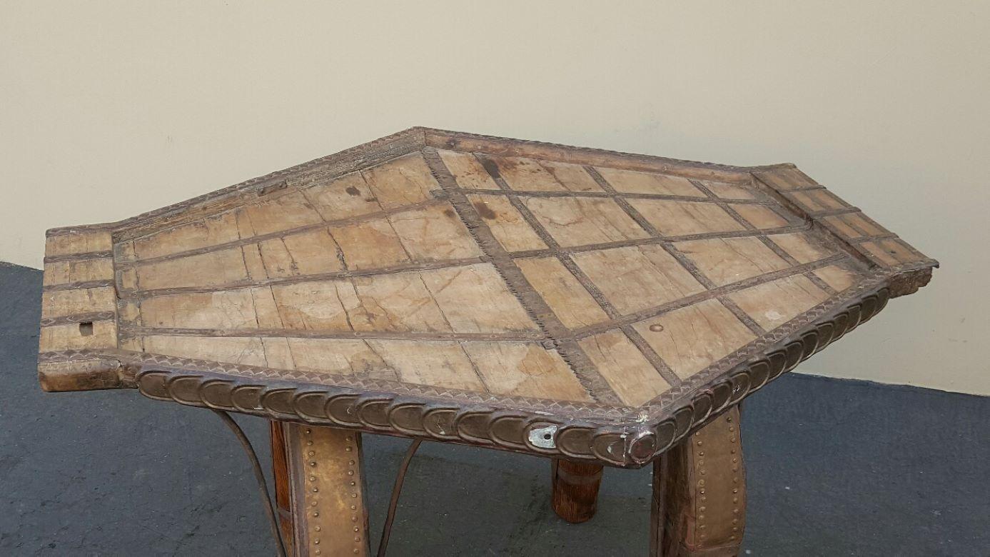 19th Century Primitive Polygonal Indian Bullock Ox Cart Dining Table Metal Braces & Strapping For Sale