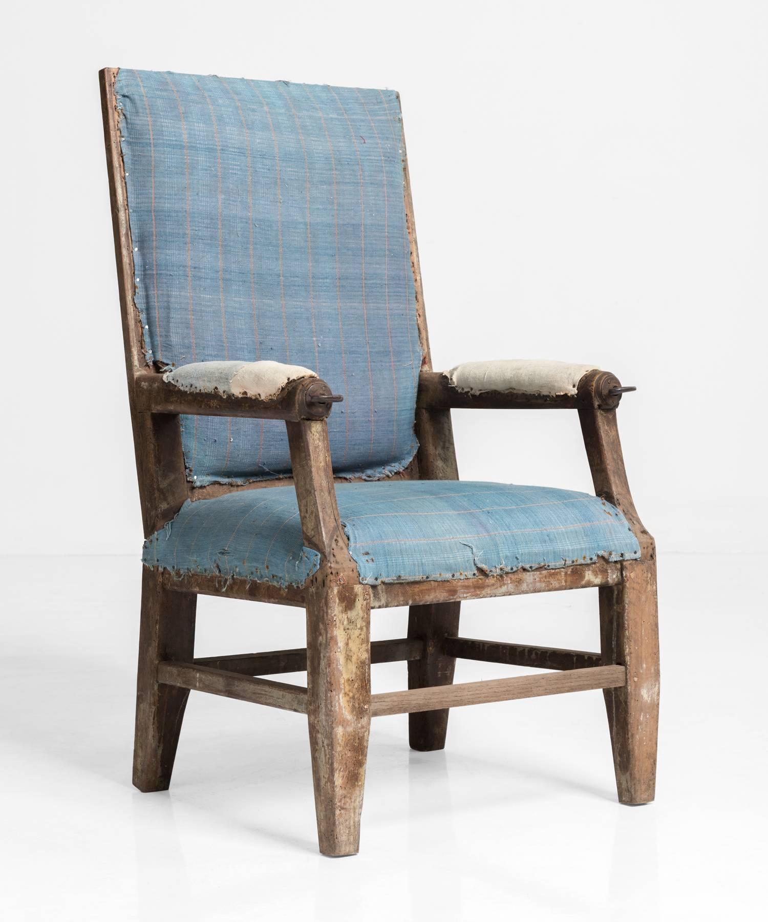 Primitive Recliner Armchair, France, circa 1770

Amazing patina and original upholstery. Adjustable iron rods run through arms to control a reclining back.