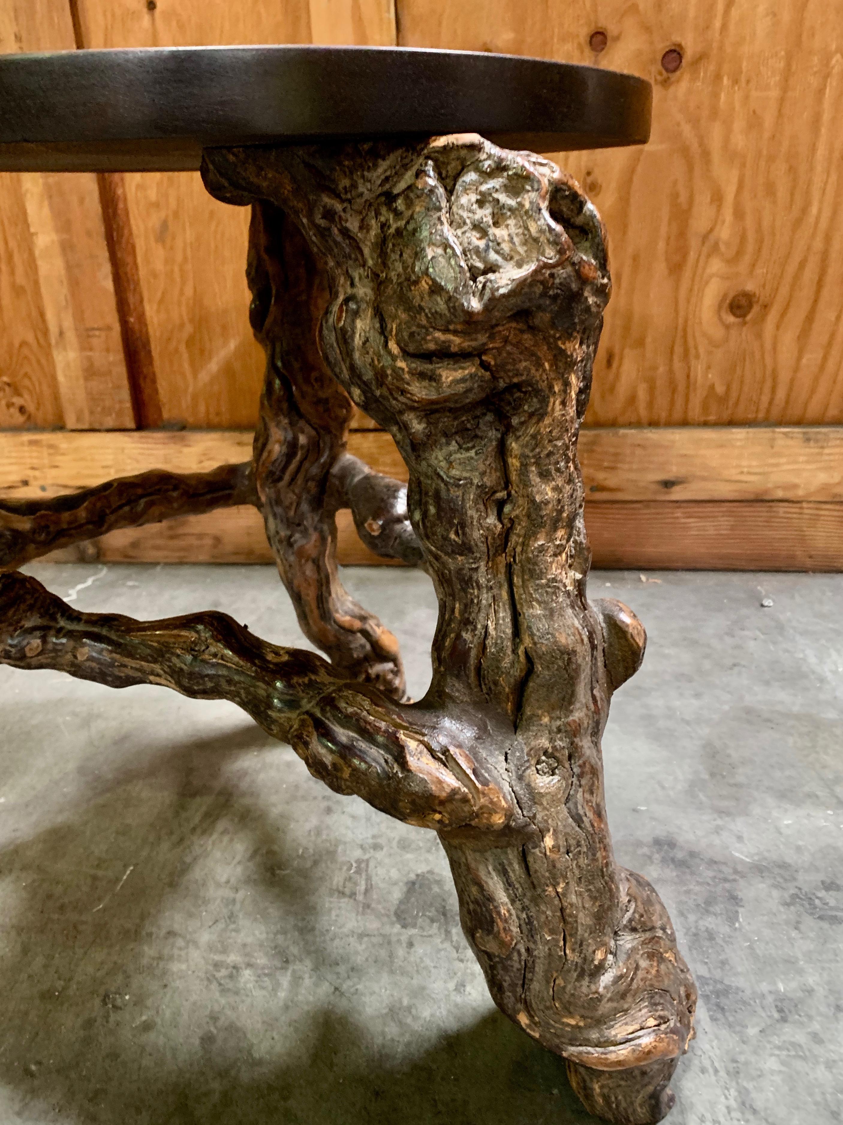 Exotic side table with branch/root leg detail, solid wood top perfect as a low side table and modern low-flung couch accompaniment.