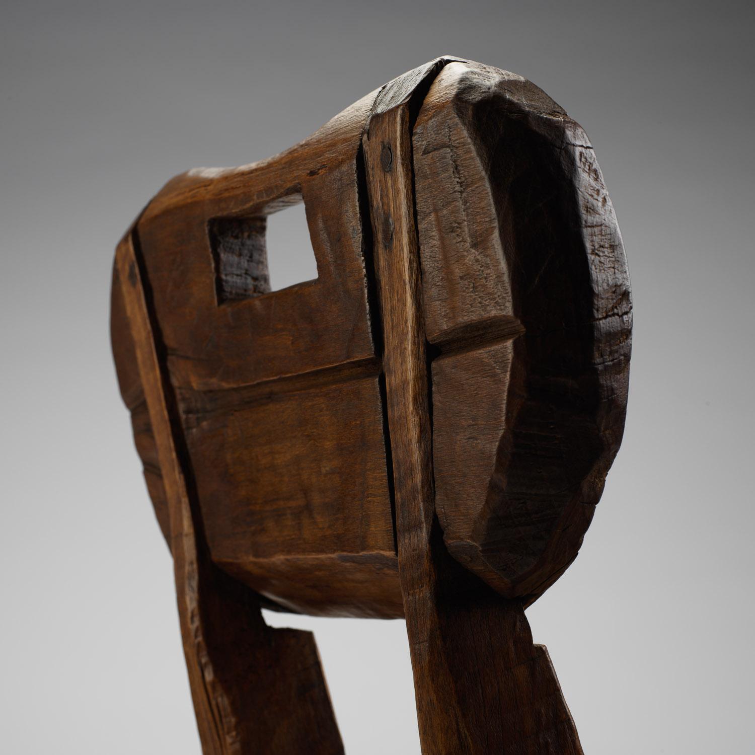 Hand-Carved Primitive Round-Back Alpine Chair, France, Early 1900s