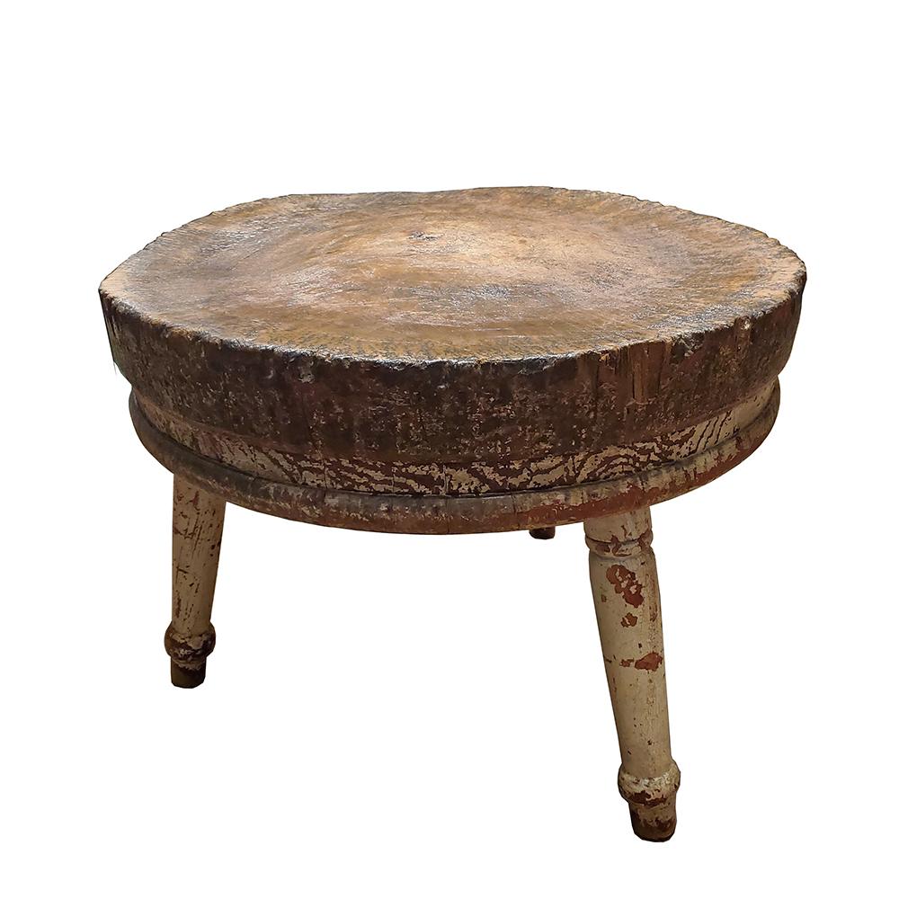 This sizable round butcher block has excellent painted accents with perfect weathering.