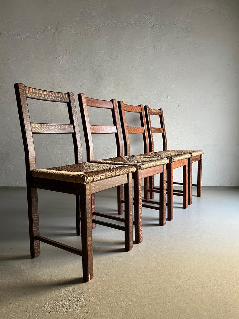 Primitive Rush Seat Kitchen Chairs, Netherlands, Set of 4 For Sale at
