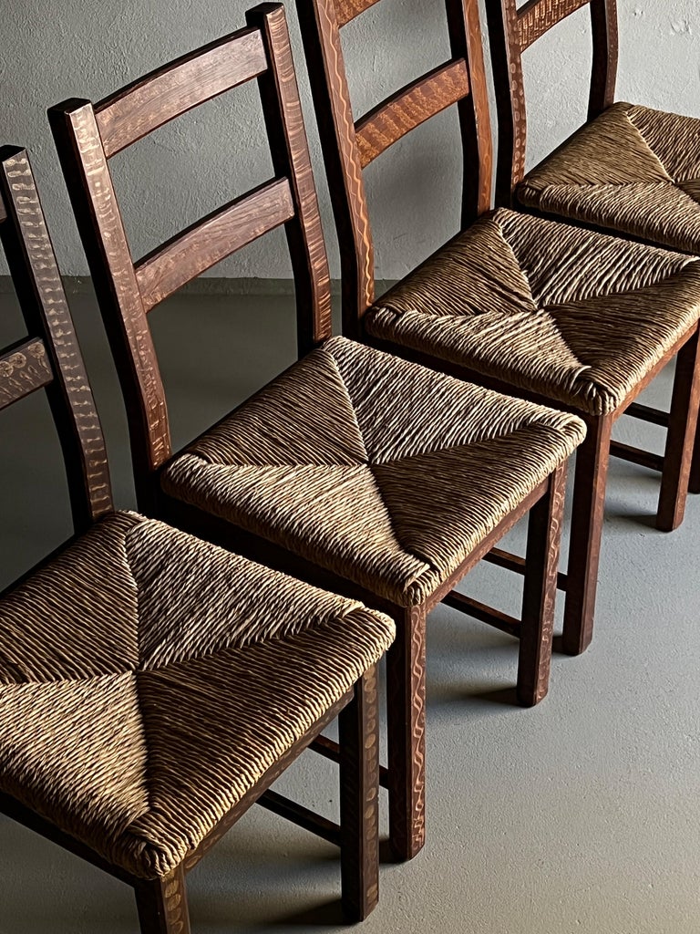 Primitive Rush Seat Kitchen Chairs, Netherlands, Set of 4 For Sale at