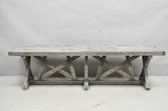 Primitive Rustic 72" Long Wooden Distressed Gray Wash Criss Cross Trestle Bench