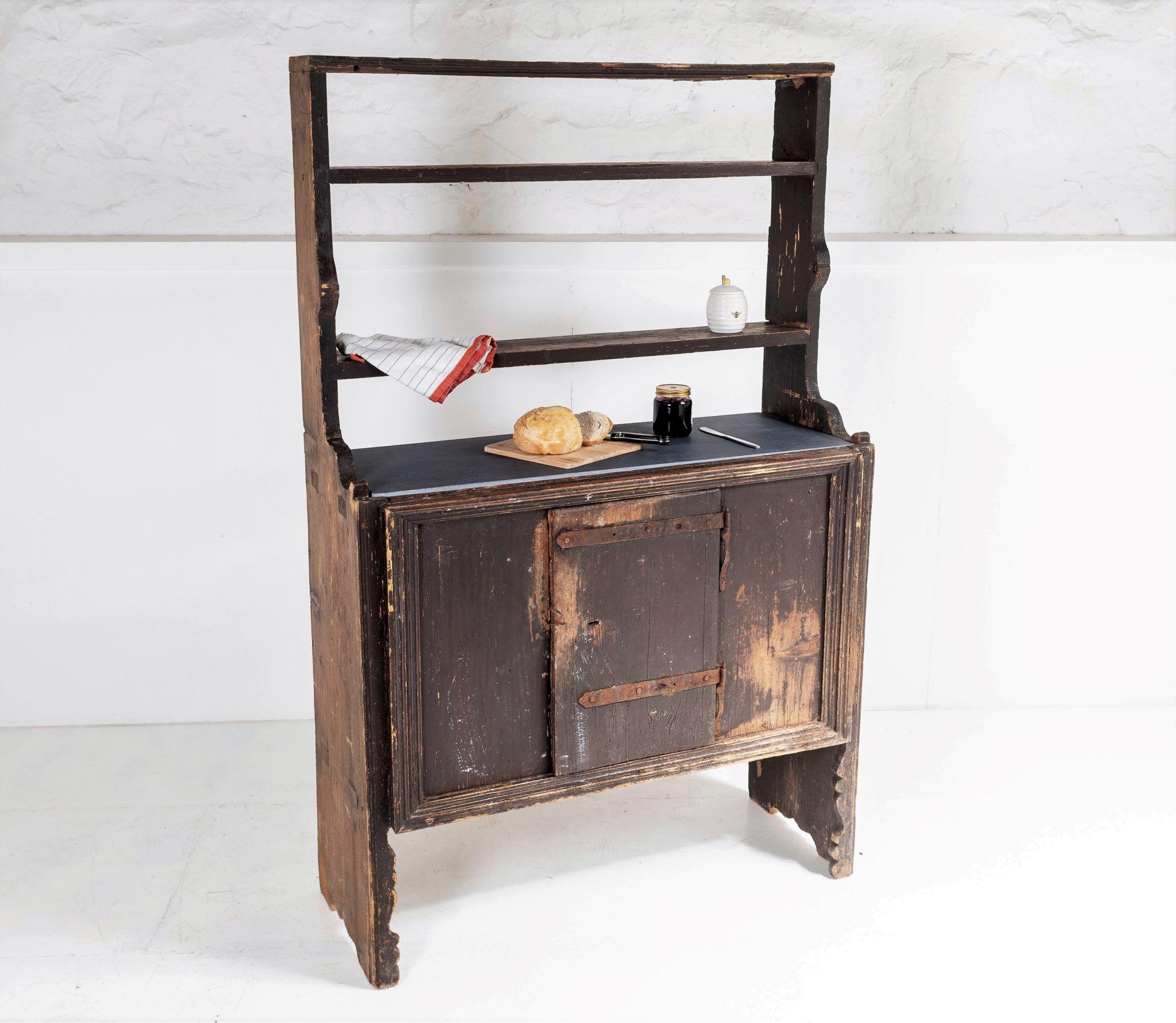 19th Century Primitive Rustic European Farmhouse Kitchen Dresser Unit with Storage Shelves For Sale