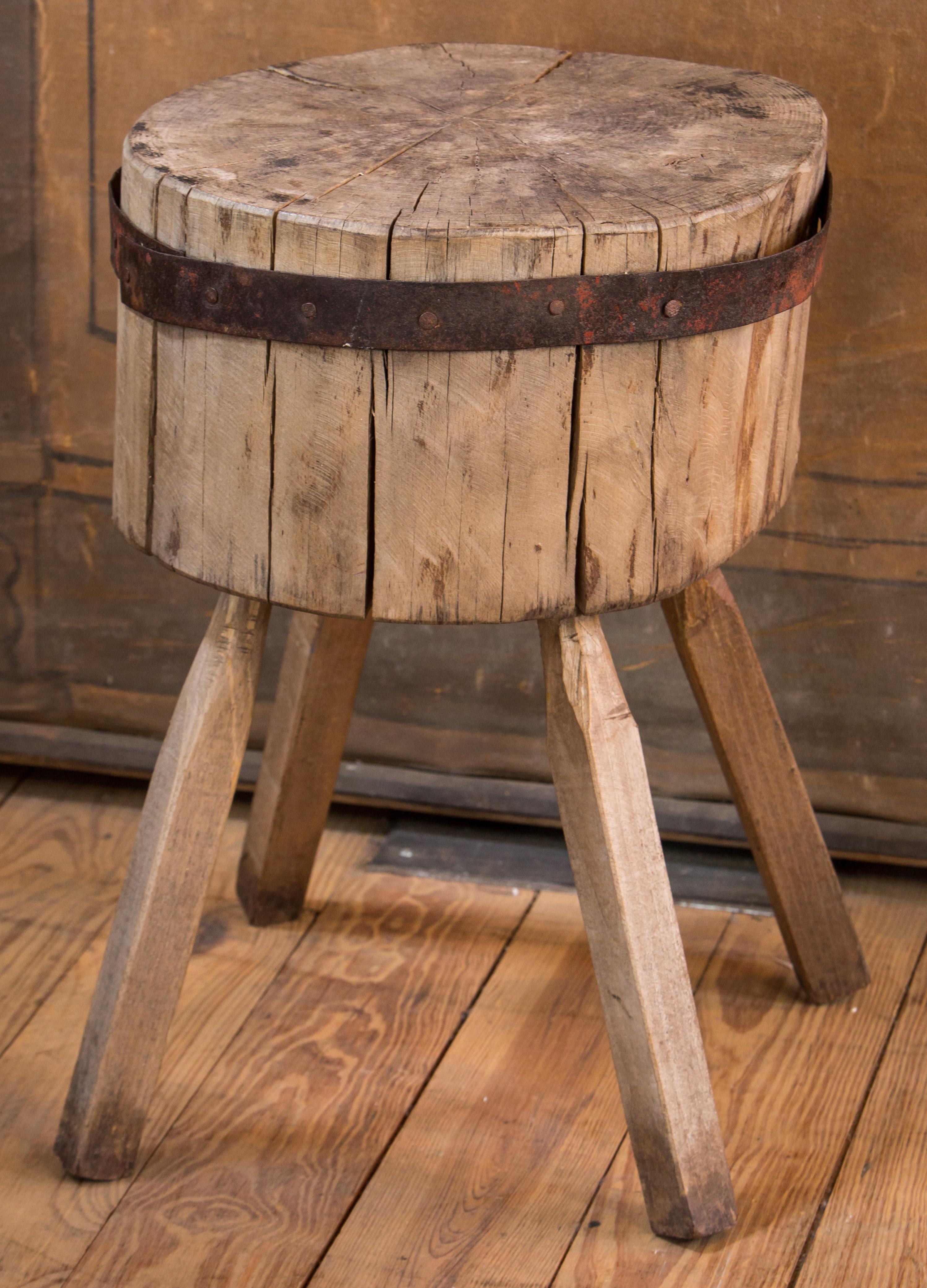 Primitive butcher block (circa 1900) from farmhouse. This charming simple, rustic butcher block makes an interesting end or side table.