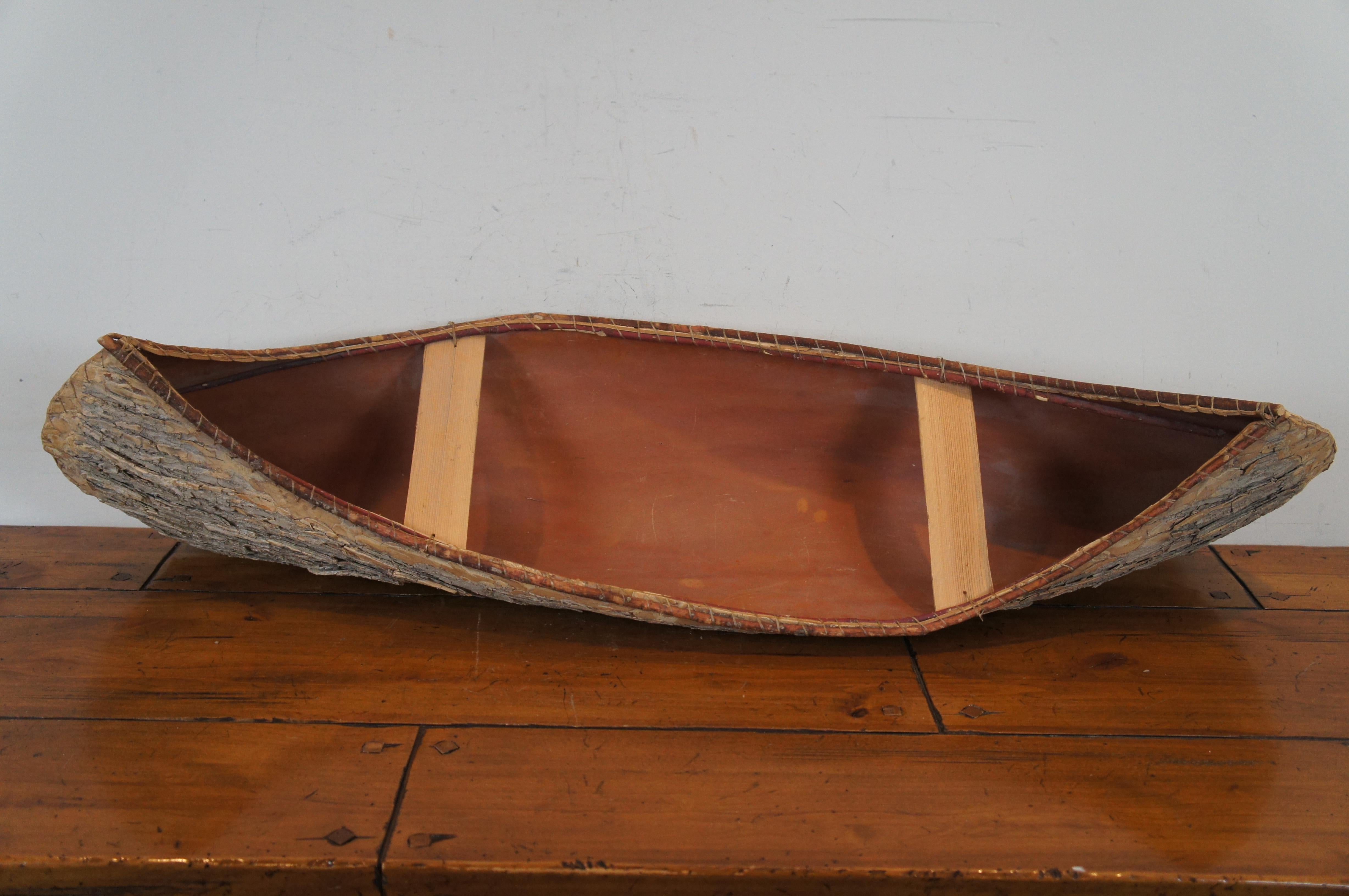 20th Century Primitive Rustic Folk Art Birch Bark 1/3 Scale Model Canoe & Paddle 47