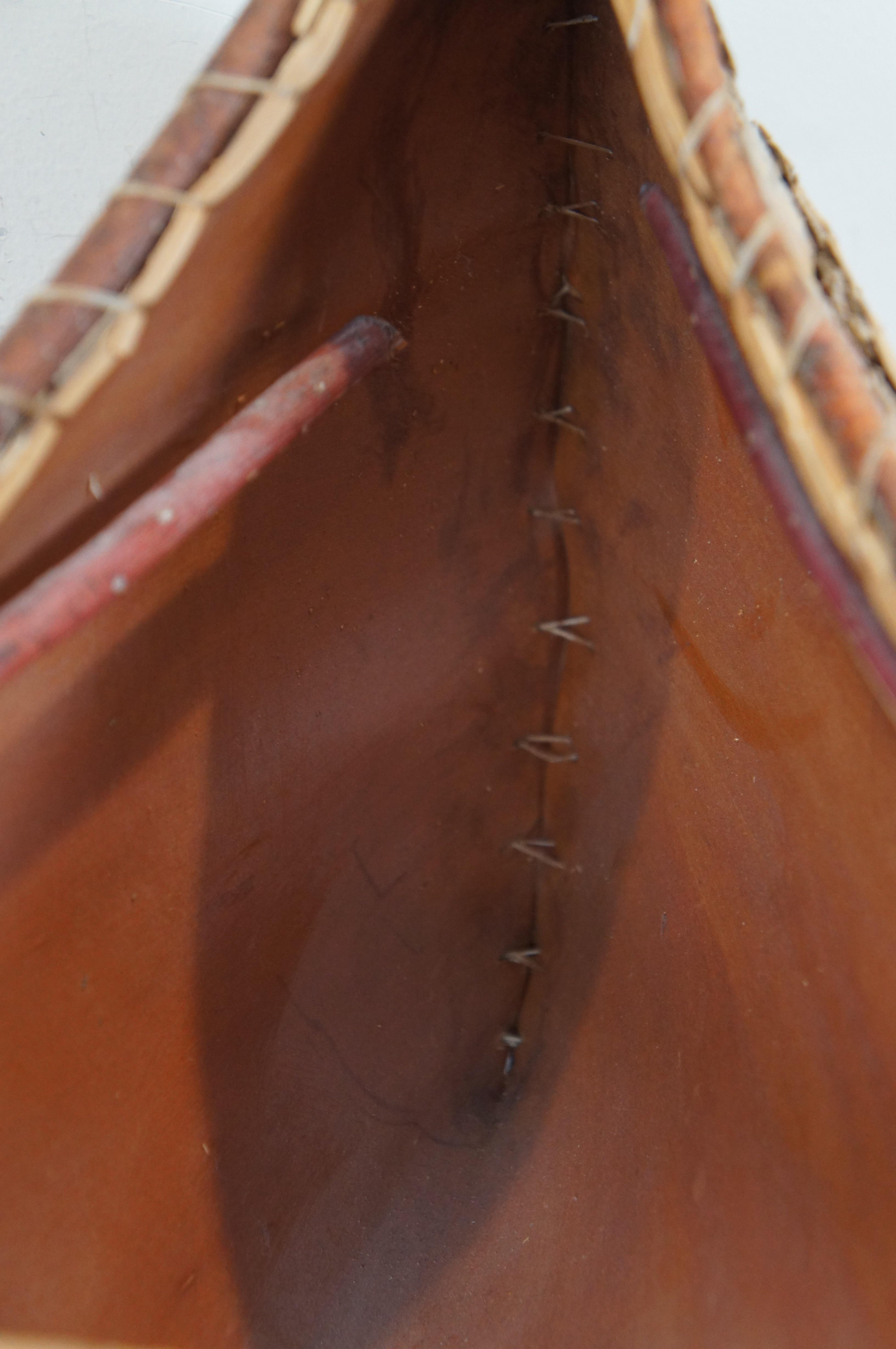 Hardwood Primitive Rustic Folk Art Birch Bark 1/3 Scale Model Canoe & Paddle 47