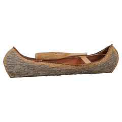 Used Primitive Rustic Folk Art Birch Bark 1/3 Scale Model Canoe & Paddle 47" 