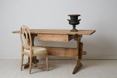 Primitive Rustic Folk Art Trestle Dining Table, Classic Swedish Genuine Antique
