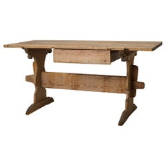 Primitive Rustic Folk Art Trestle Dining Table, Classic Swedish Genuine Antique