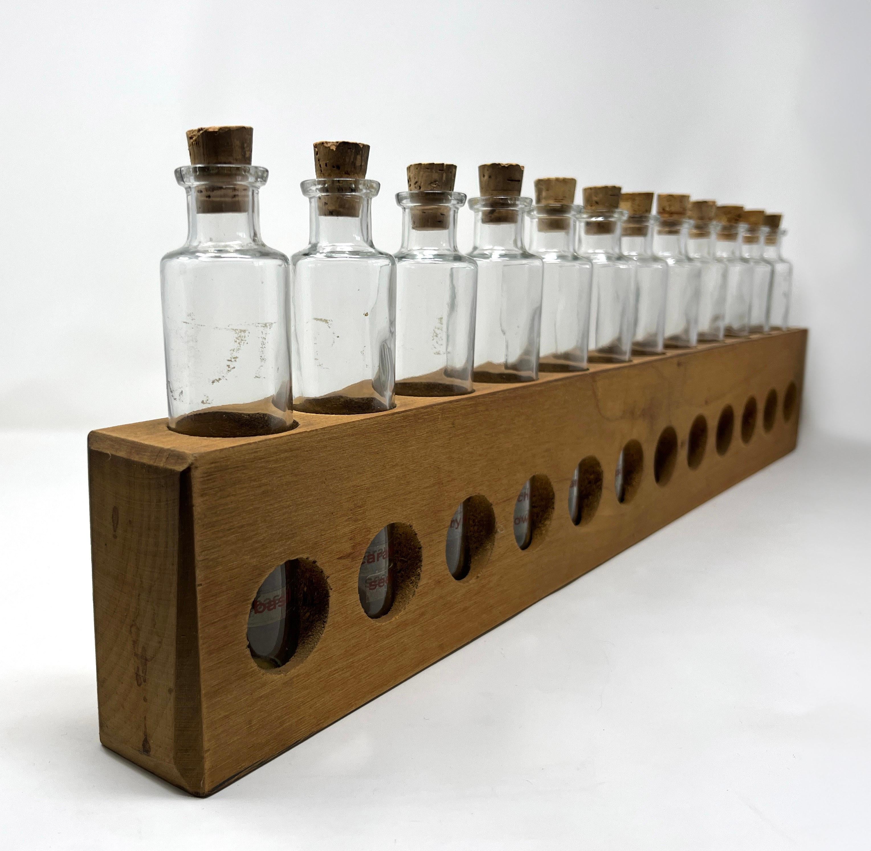 Hand-Crafted Primitive Rustic Handmade Wood Spice Rack with Glass Bottles, Wall Mount For Sale