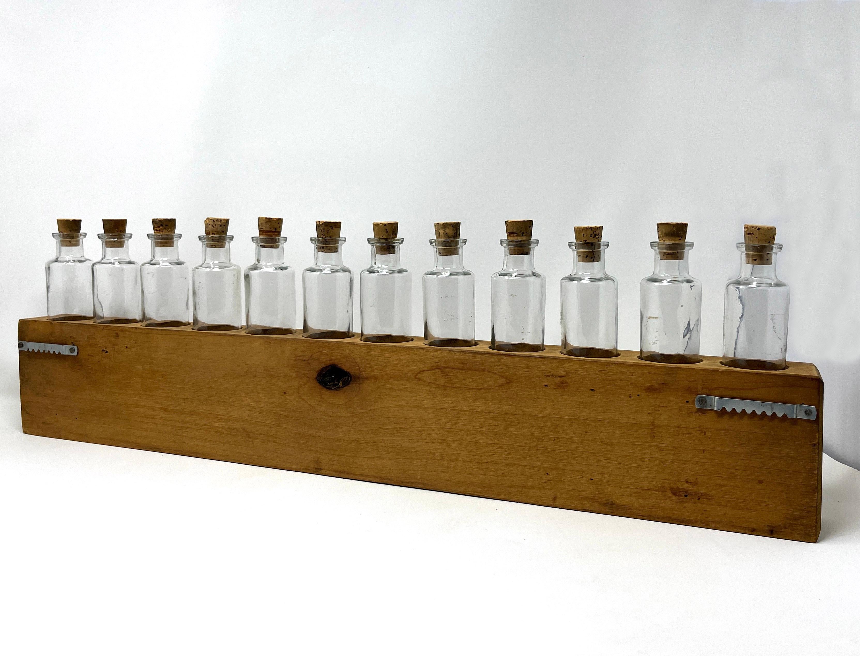 Primitive Rustic Handmade Wood Spice Rack with Glass Bottles, Wall Mount In Good Condition For Sale In Chicago, IL