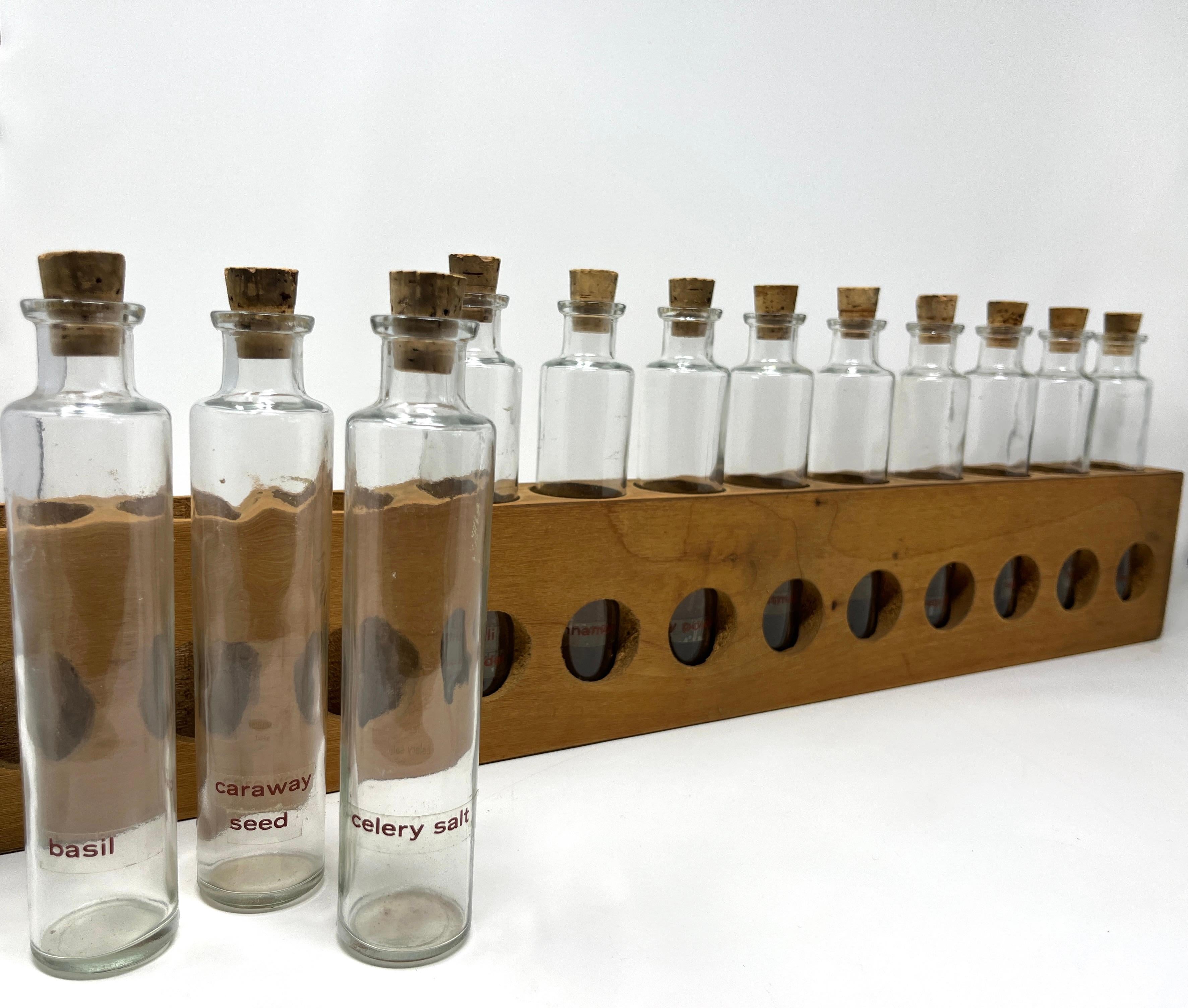 20th Century Primitive Rustic Handmade Wood Spice Rack with Glass Bottles, Wall Mount For Sale