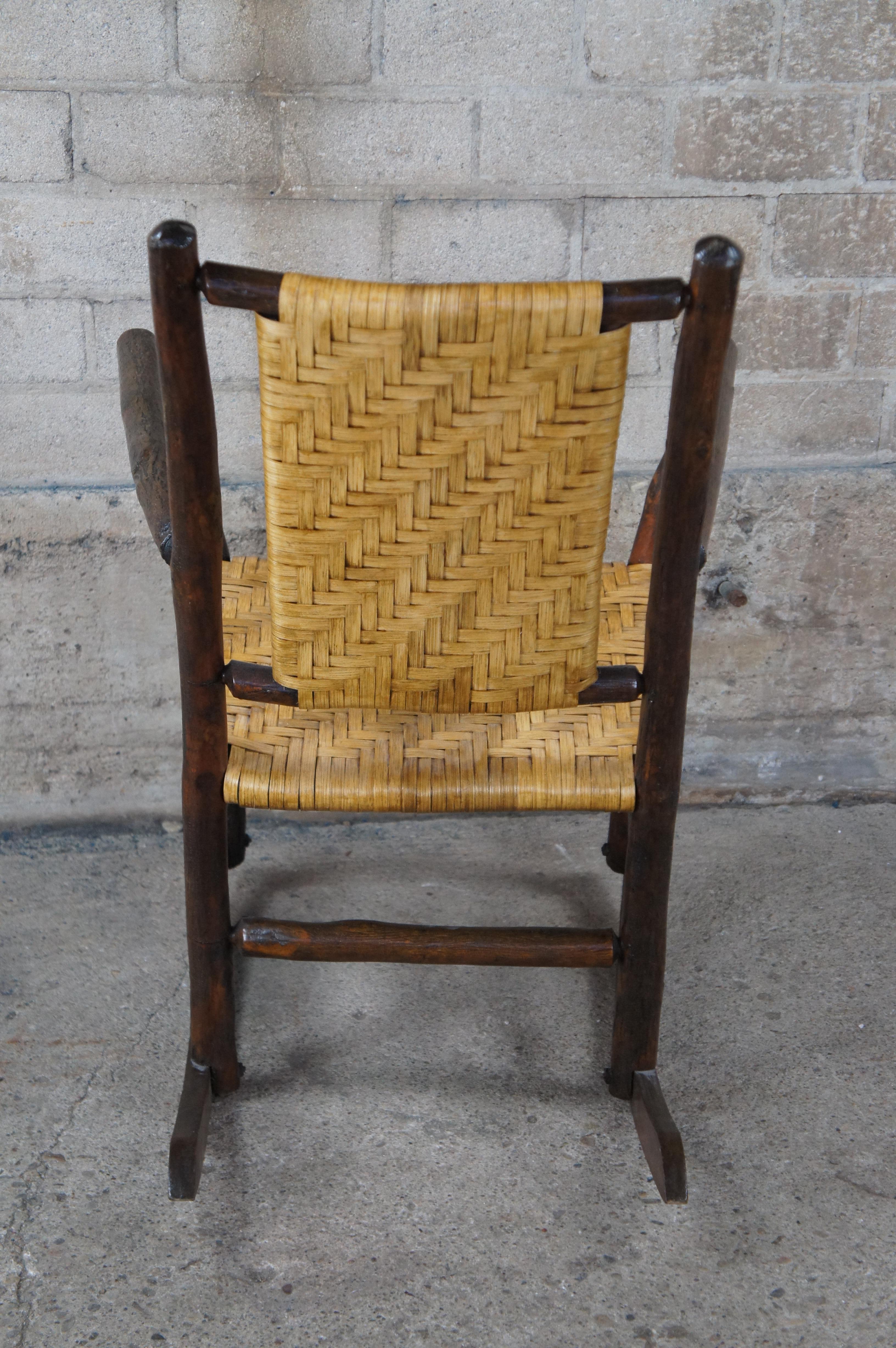 Rush Primitive Rustic Hickory Rocking Arm Chair Adirondack Lodge Rocker For Sale
