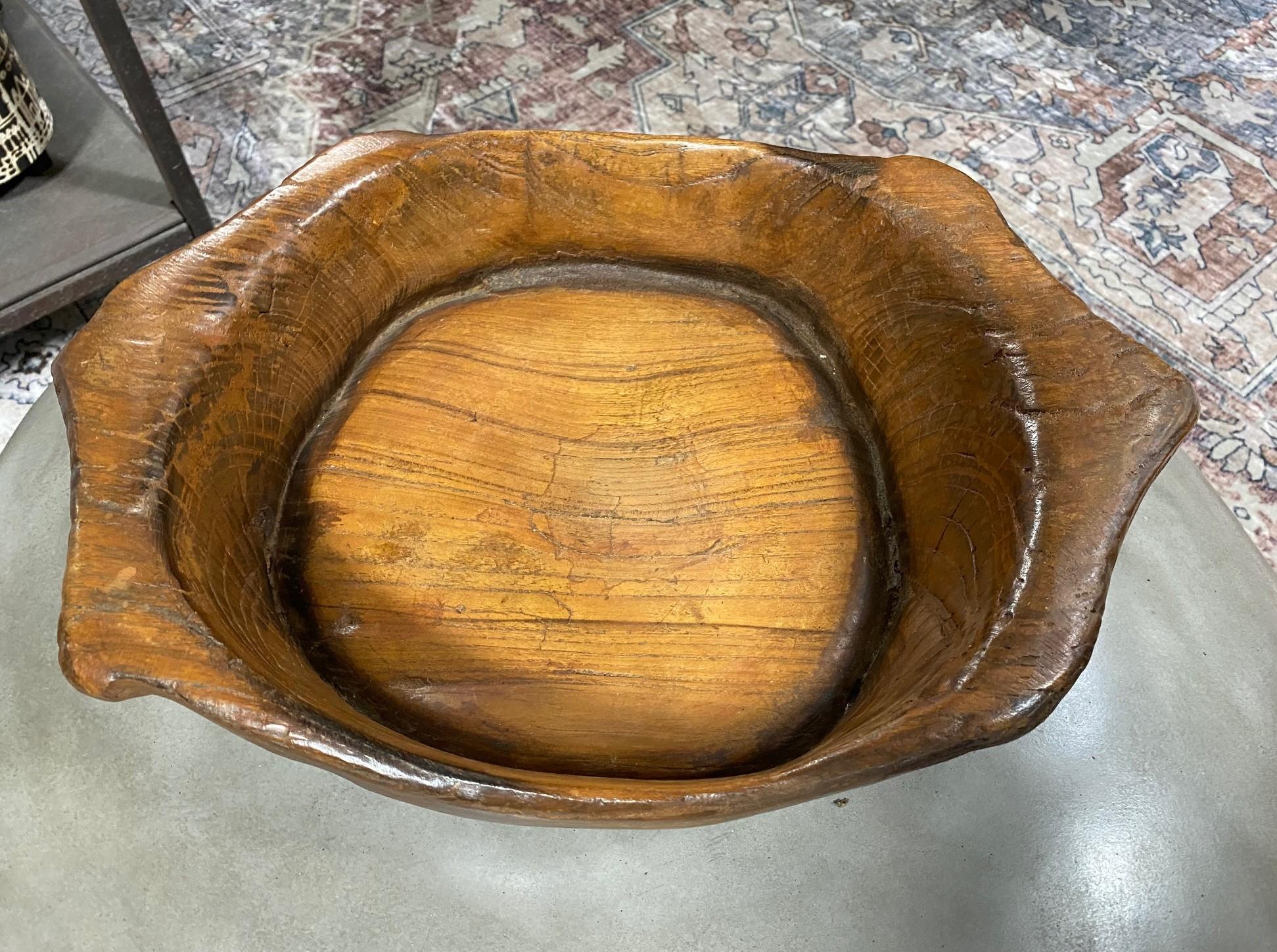 Hand-Carved Rustic Large Folk Art Handled Natural Organic Wood Carved Bowl, 1800s For Sale