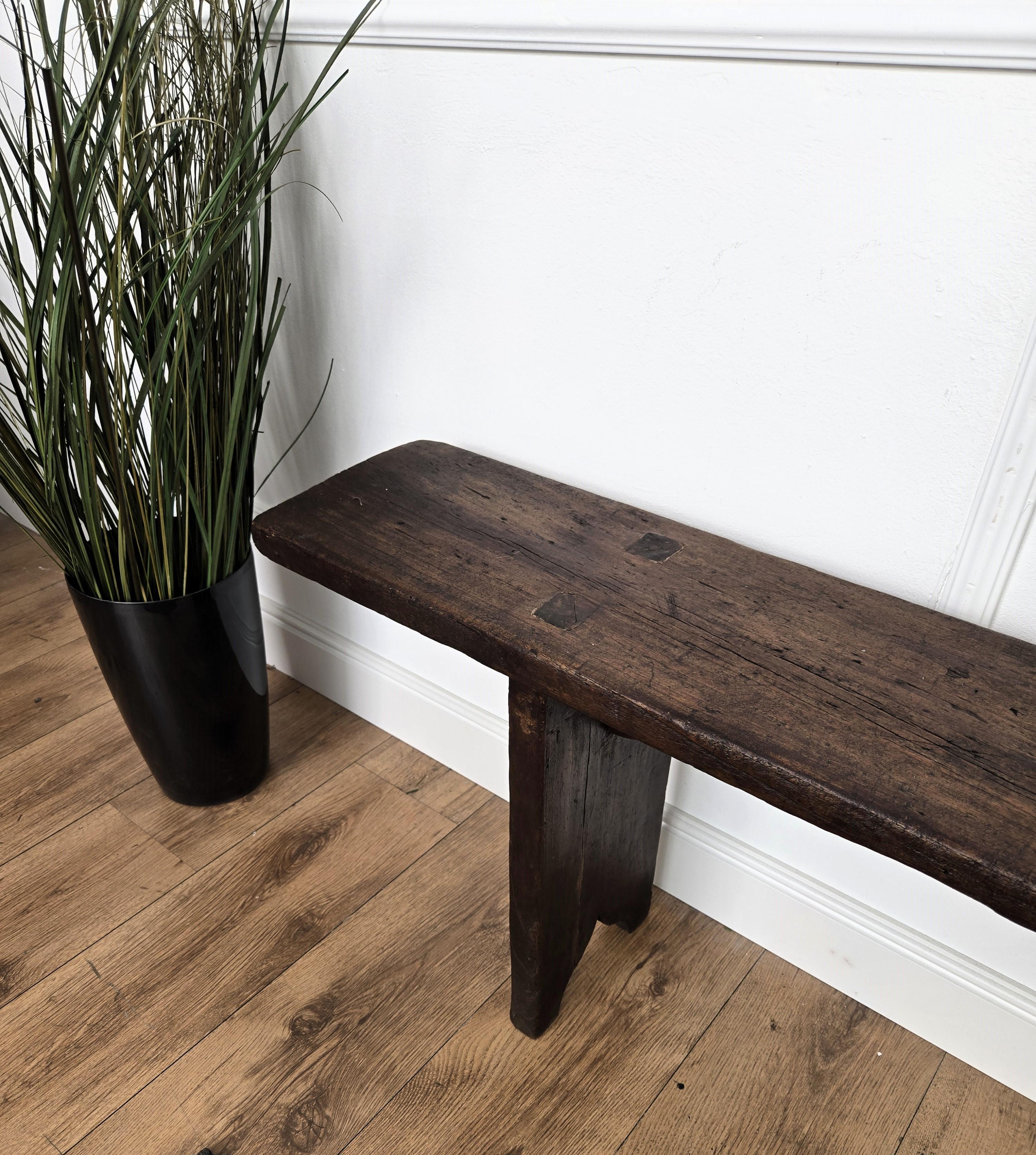 Primitive Rustic Minimal Italian Antique Wooden Bench Side Table For Sale 1