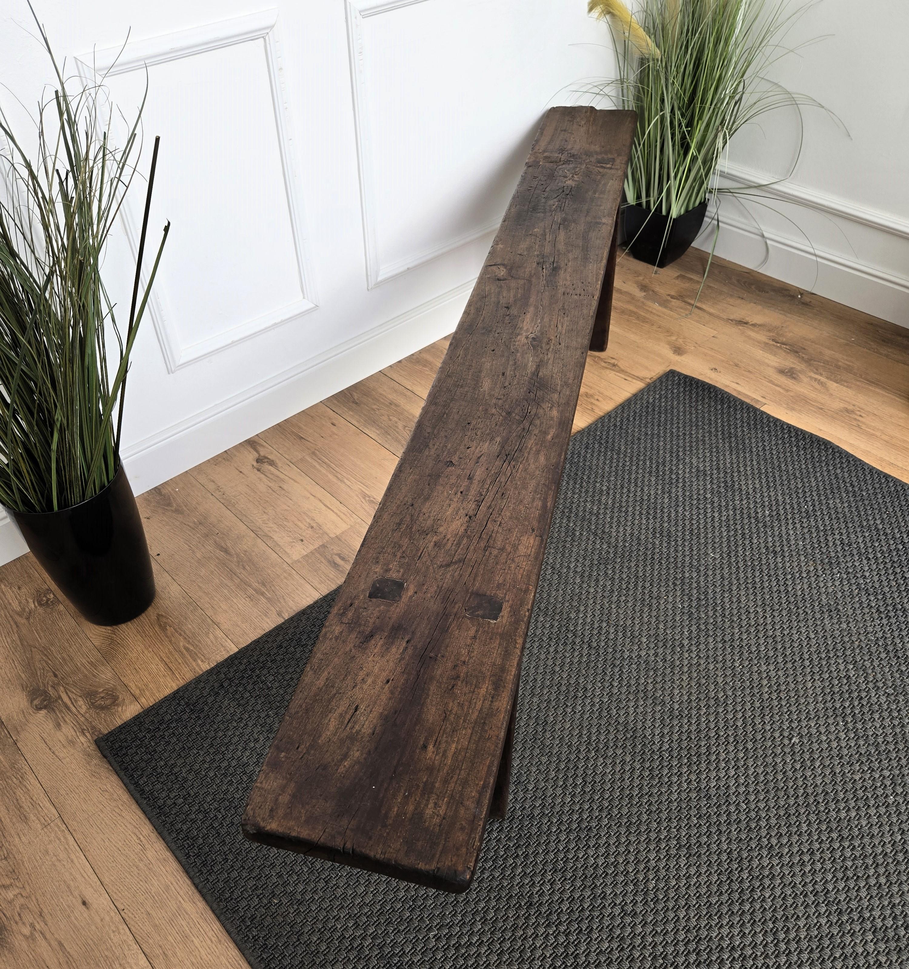 Primitive Rustic Minimal Italian Antique Wooden Bench Side Table For Sale 4