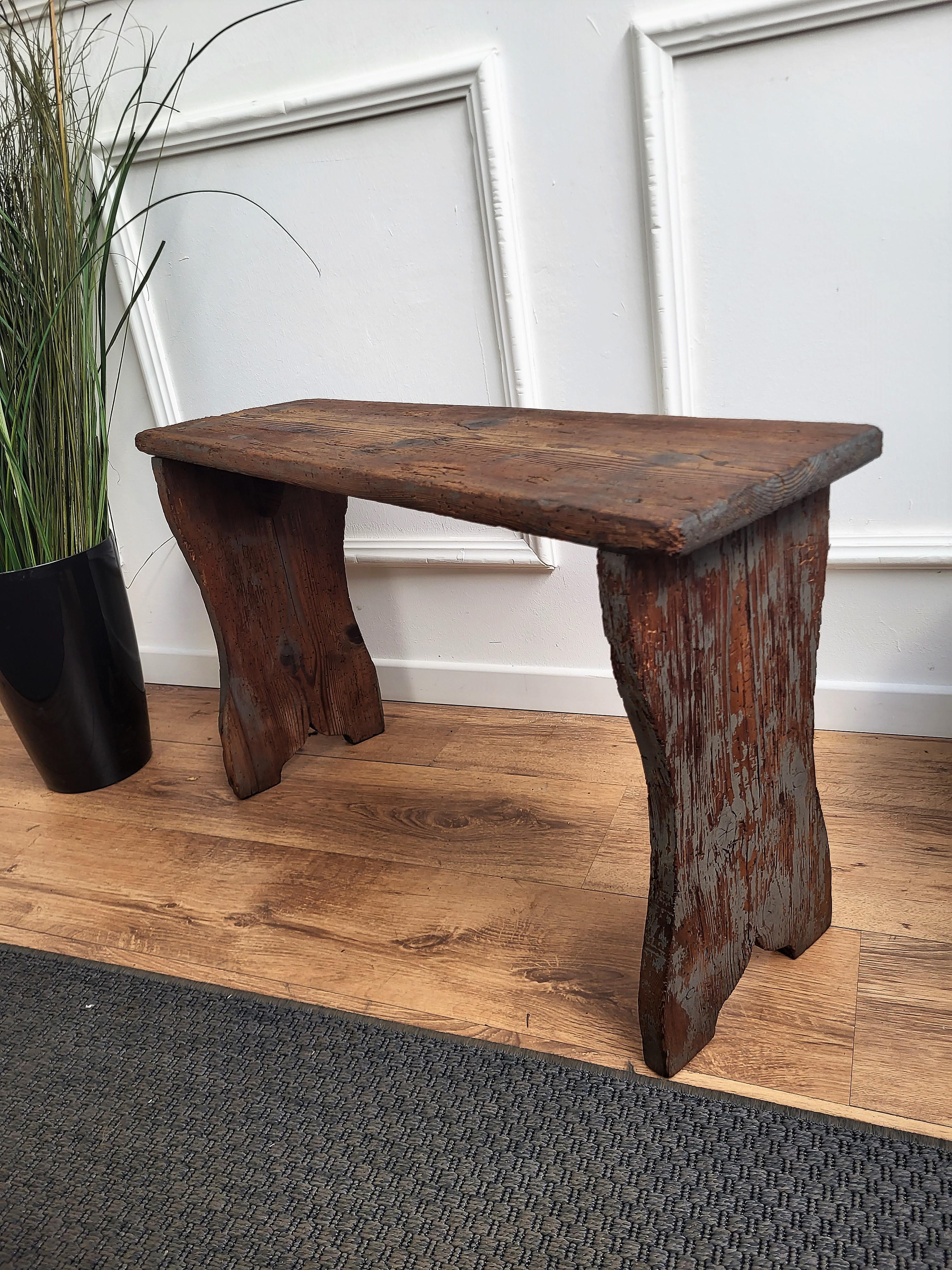 20th Century Primitive Rustic Minimal Italian Midcentury Wooden Side Table Bench Stool