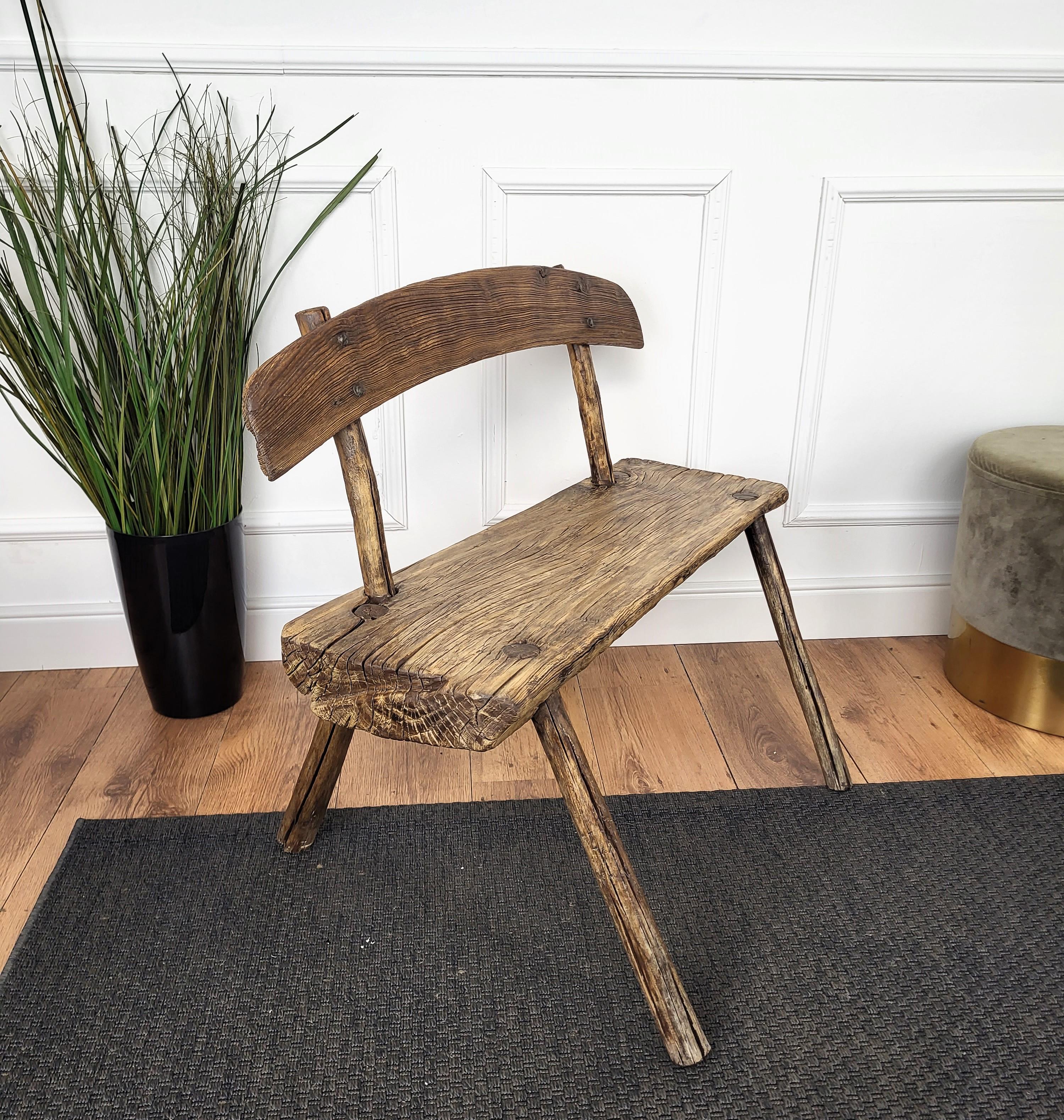Rustic Rustic Minimal Italian Wooden Backrest Bench Stool Side Table In Good Condition For Sale In Carimate, Como