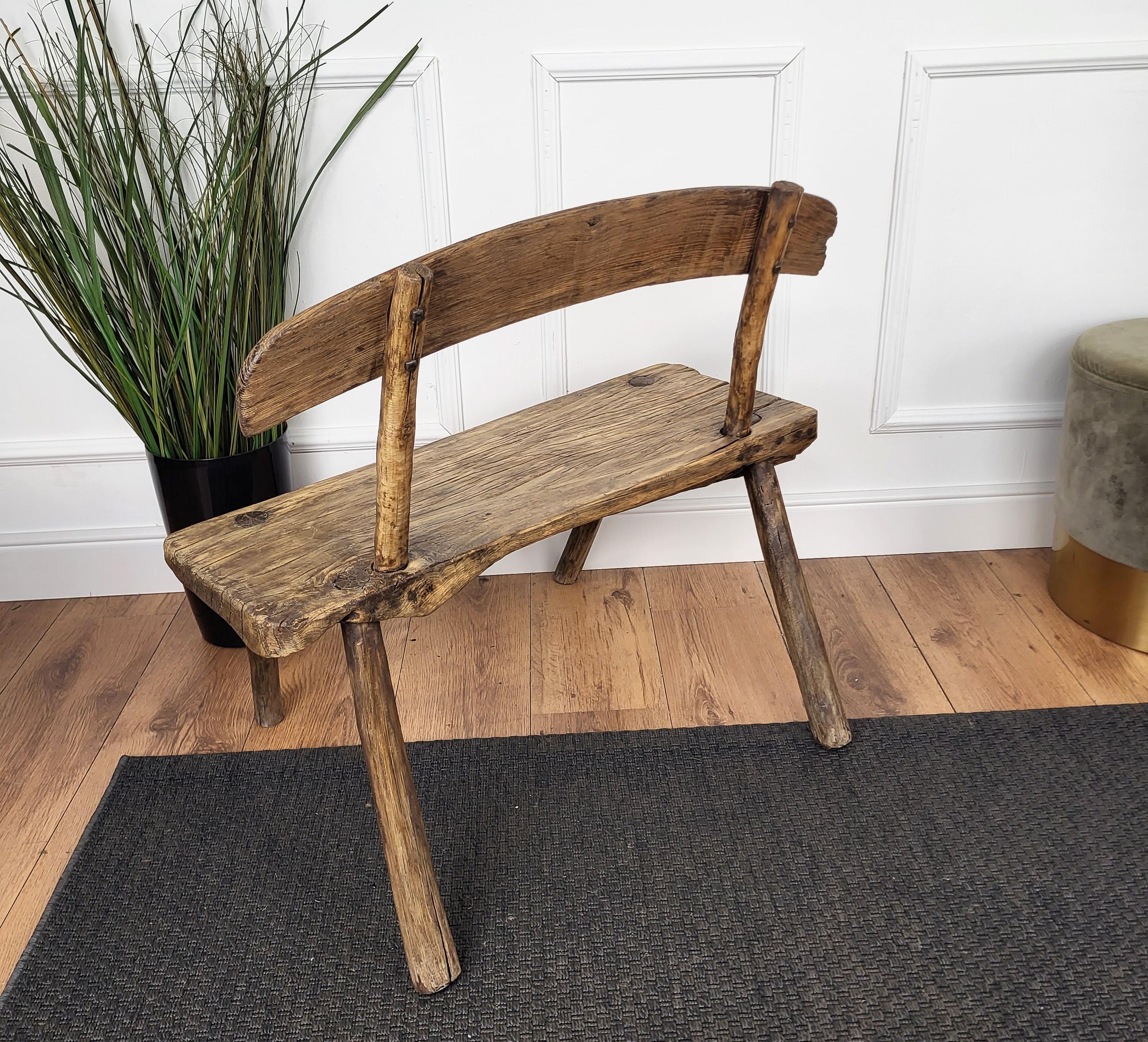 20th Century Rustic Rustic Minimal Italian Wooden Backrest Bench Stool Side Table For Sale