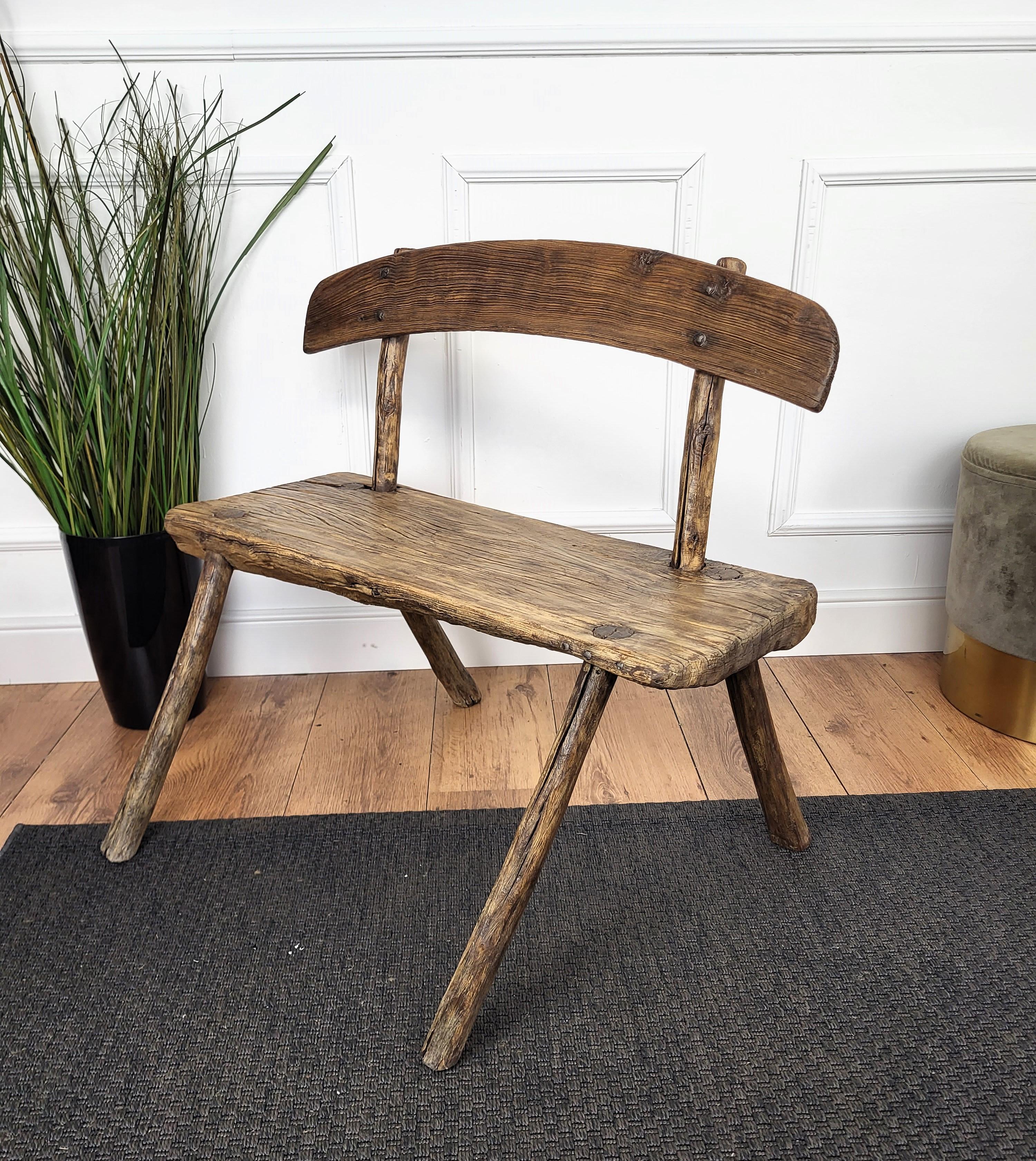 Rustic Rustic Minimal Italian Wooden Backrest Bench Stool Side Table For Sale 1