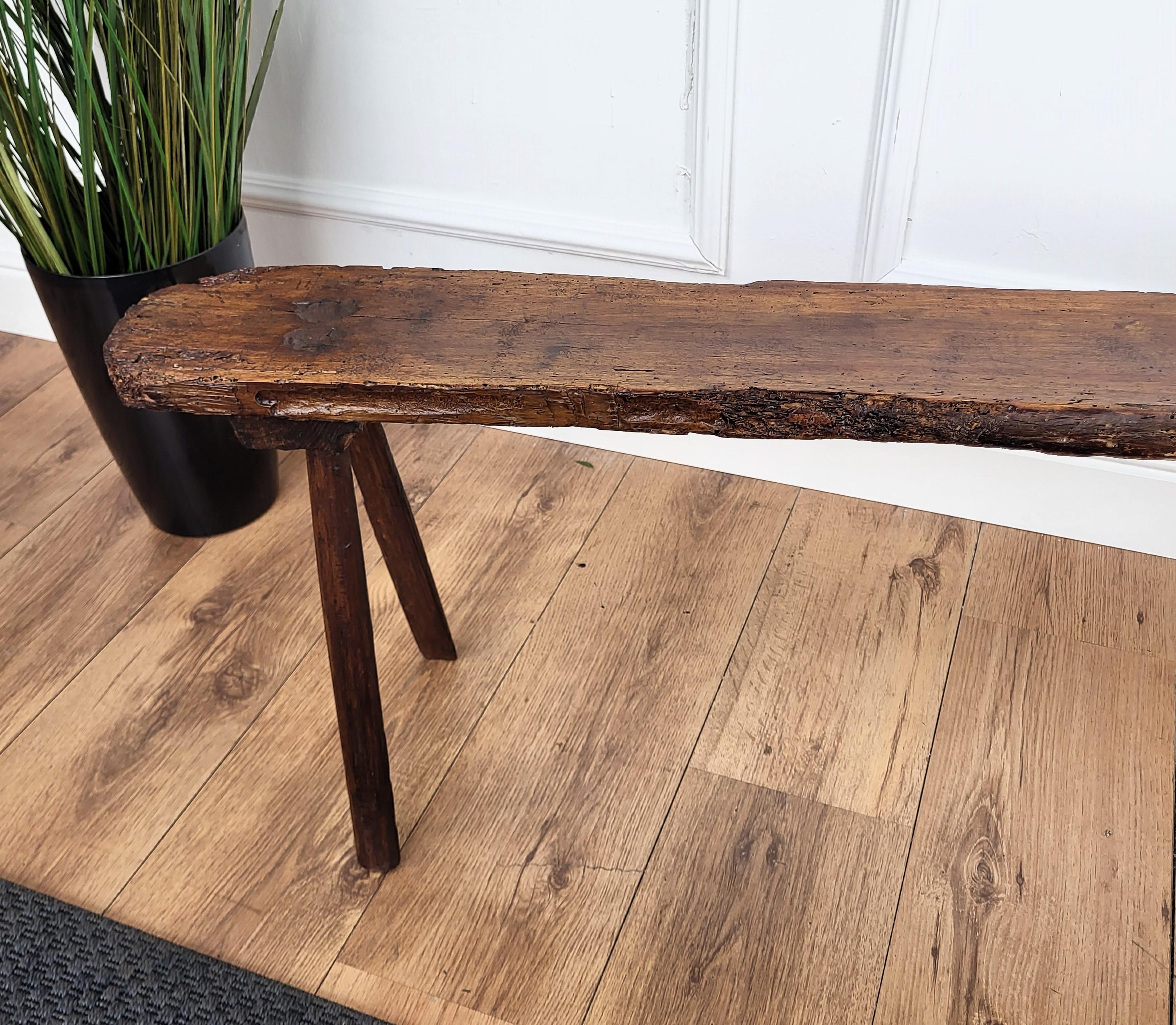 20th Century Primitive Rustic Minimal Italian Wooden Bench Stool Side Table For Sale